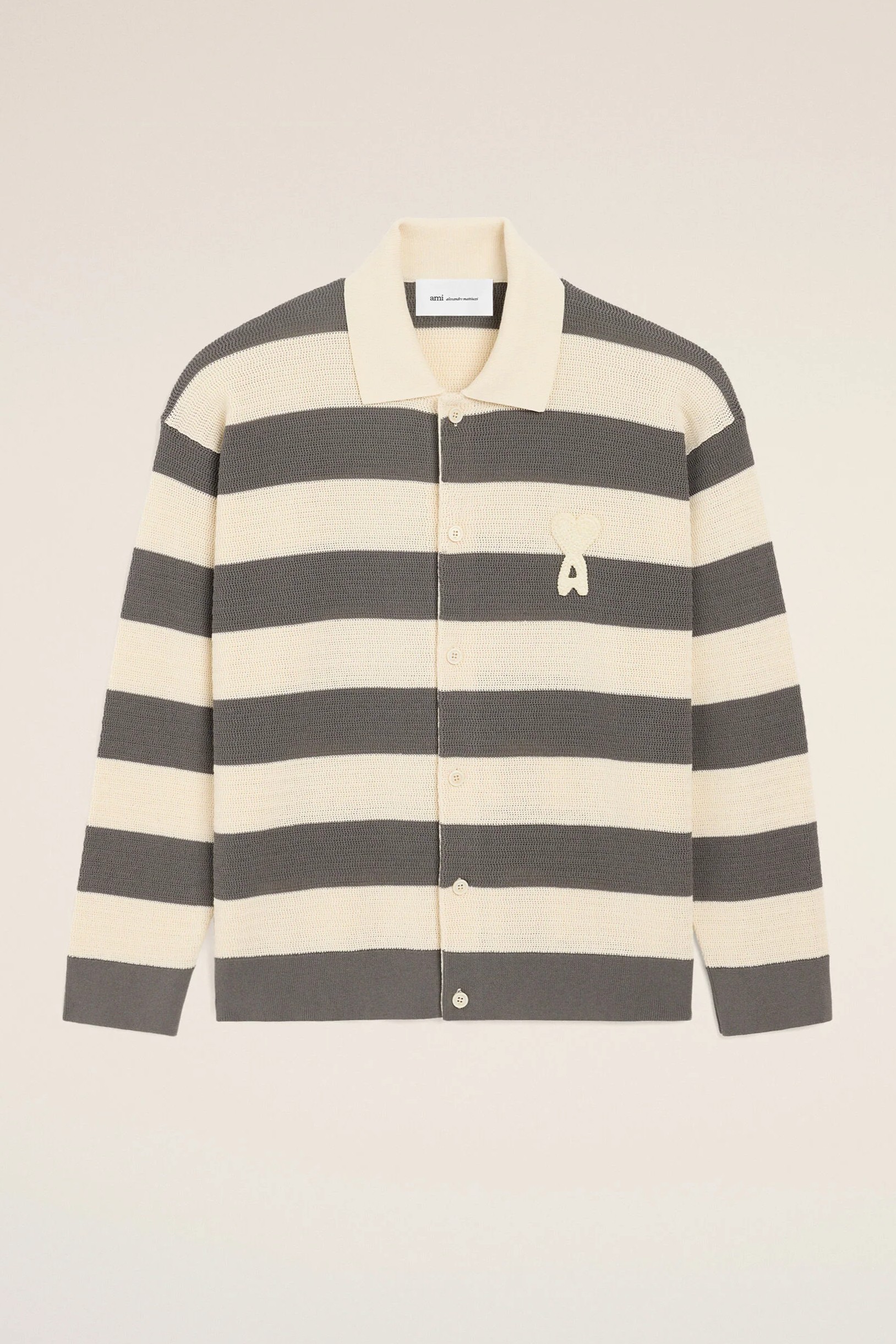 AMI PARIS de Coeur Ajouré Knit Cardigan in White Cream/Carbon