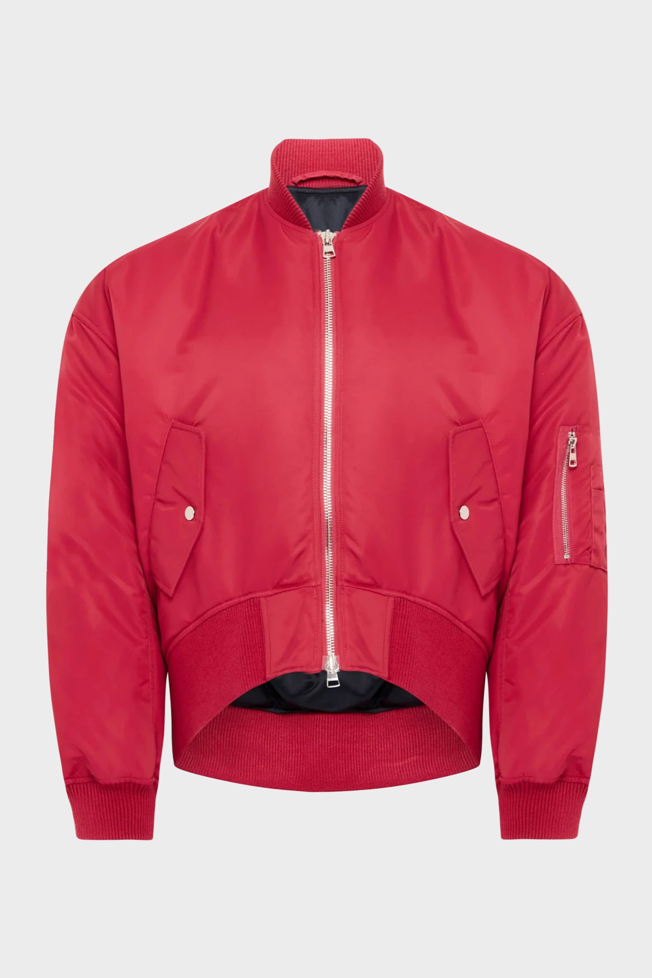 JW ANDERSON Oversize Curved Hem Bomber Jacket in Raspberry