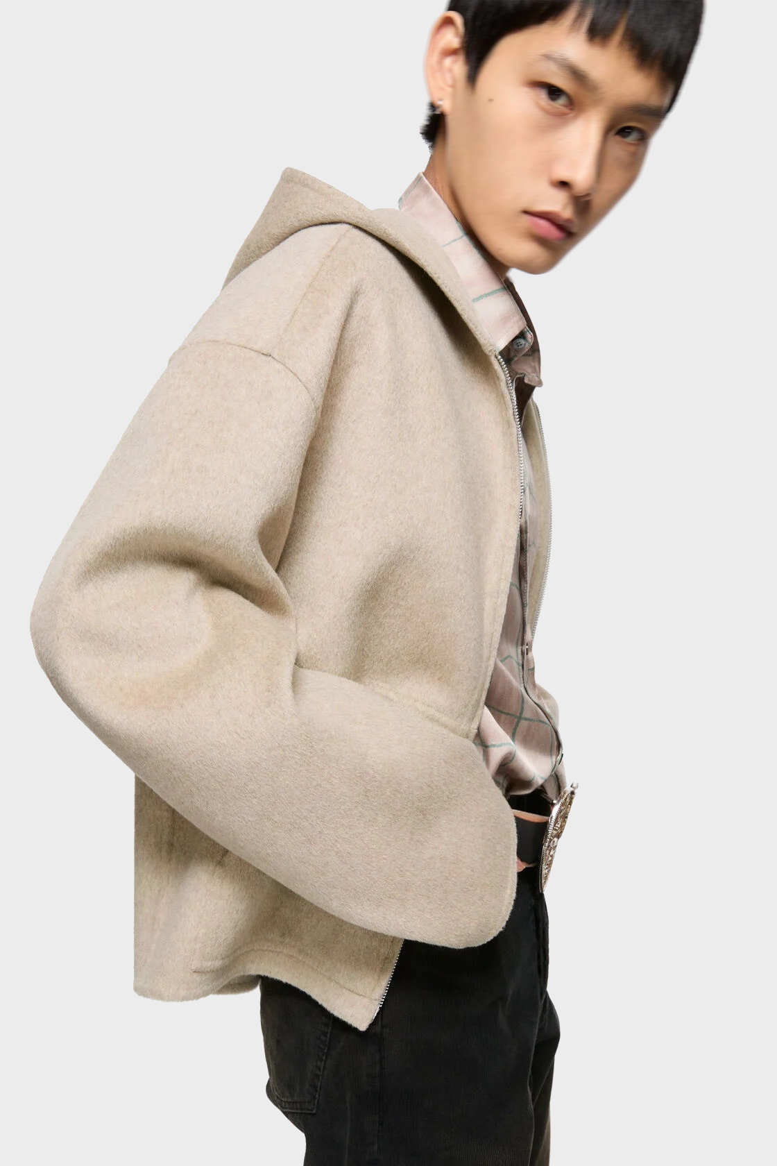 ACNE STUDIOS Hooded Boxy Fit Wool Jacket in Oatmeal Melange