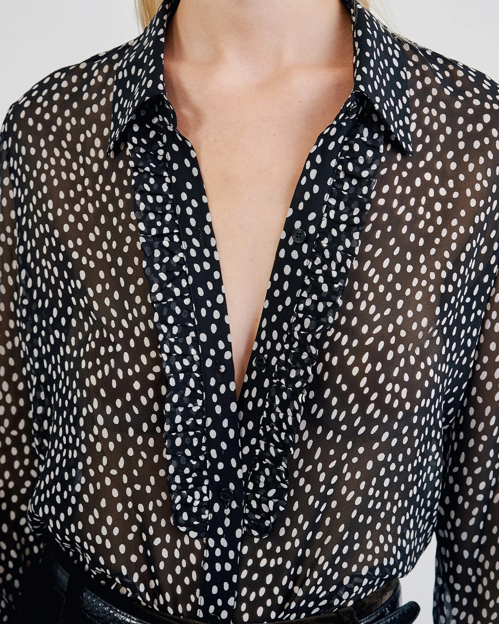 NILI LOTAN Oriane Ruffle Silk Shirt in Irreg Dots L