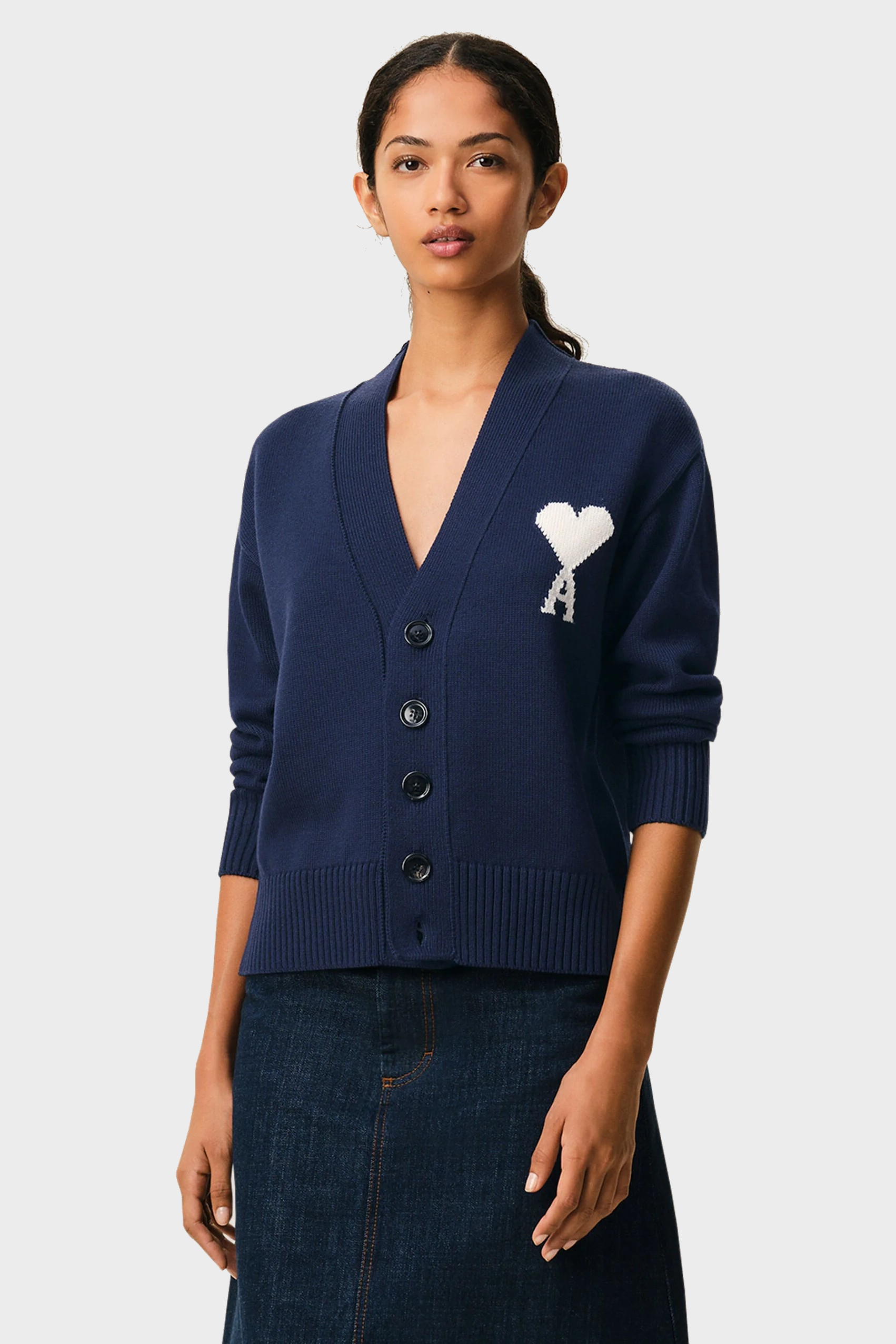 AMI PARIS de Coeur Wool/Cotton Knit Cardigan in Navy