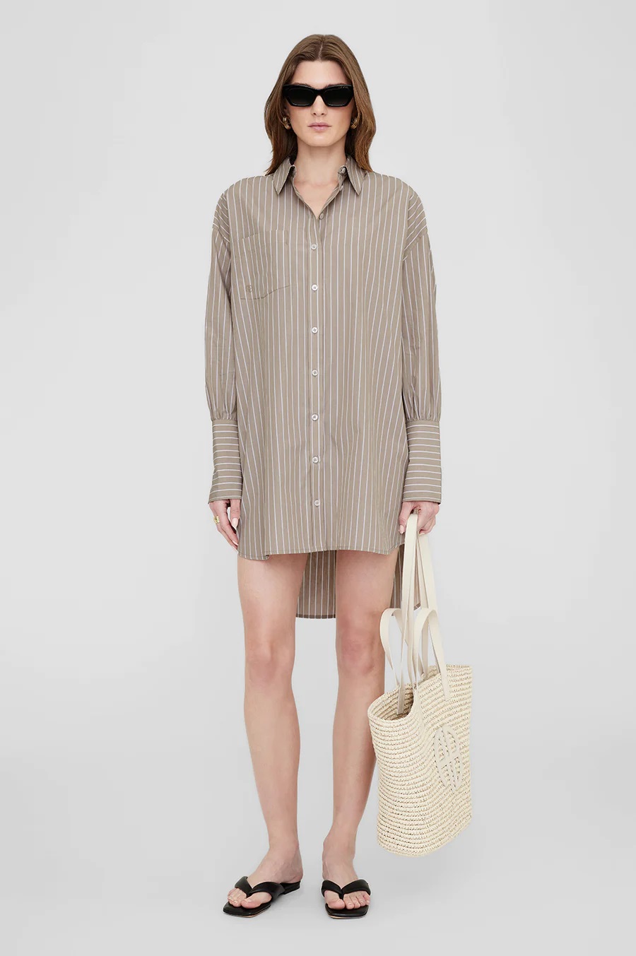 ANINE BING Lake Shirt Dress in Taupe/White Stripe S