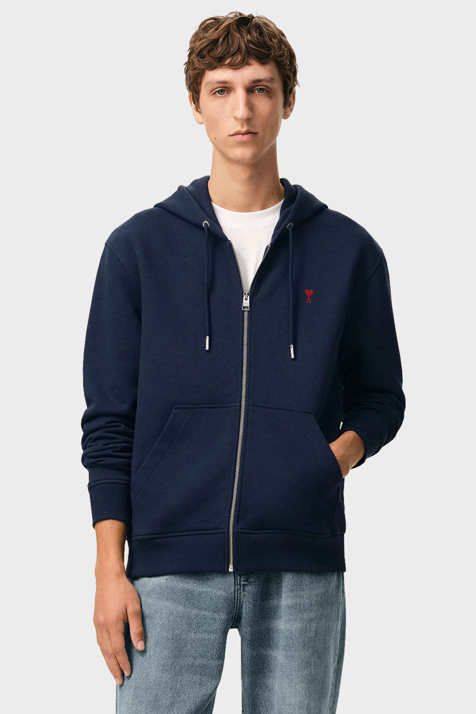 AMI PARIS de Coeur Zip Hoodie in Night Blue / Red