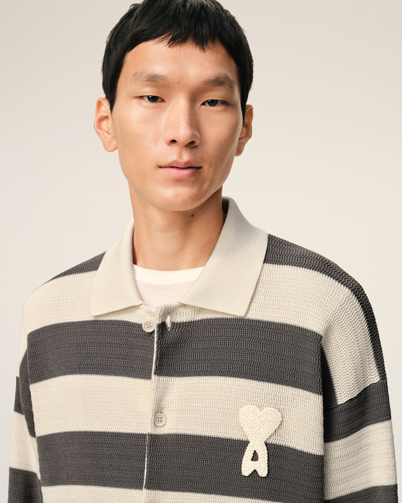 AMI PARIS de Coeur Ajouré Knit Cardigan in White Cream/Carbon