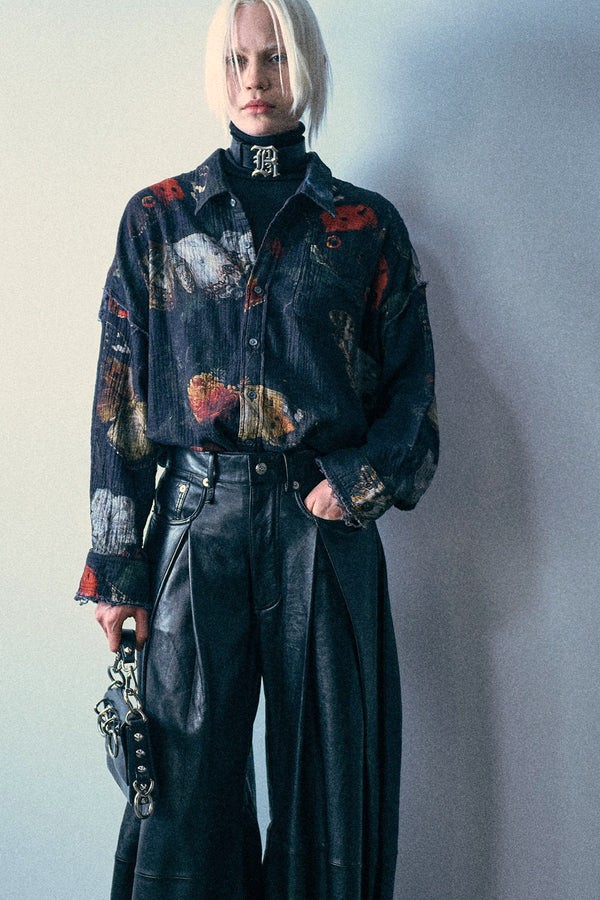 R13 Reversible Shredded Seam Drop Neck Oversize Shirt with Butterflies