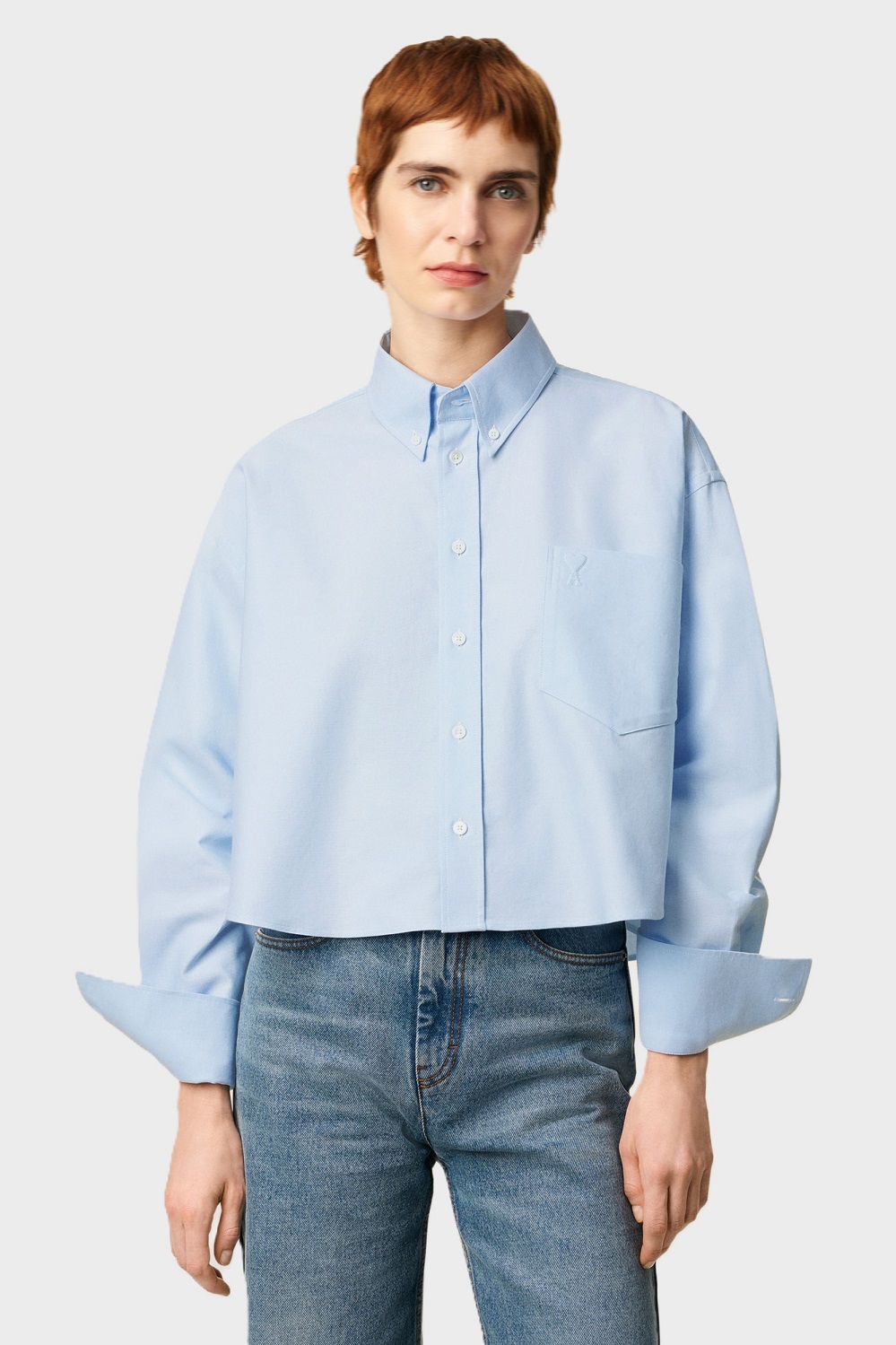 AMI PARIS de Coeur Cropped Oversize Shirt in Sky Blue