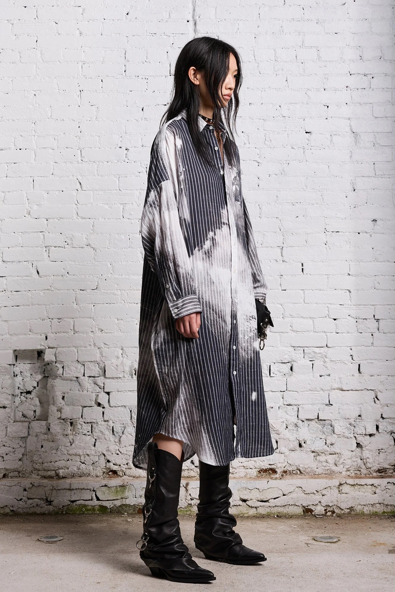 R13 Jumbo Shirtdress in Bleached Black Stripes