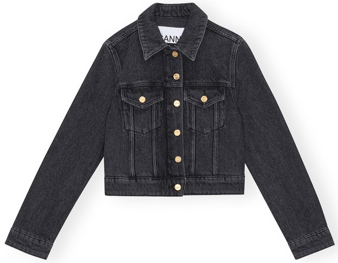 GANNI Heavy Denim Cropped Jacket in Washed Black 40