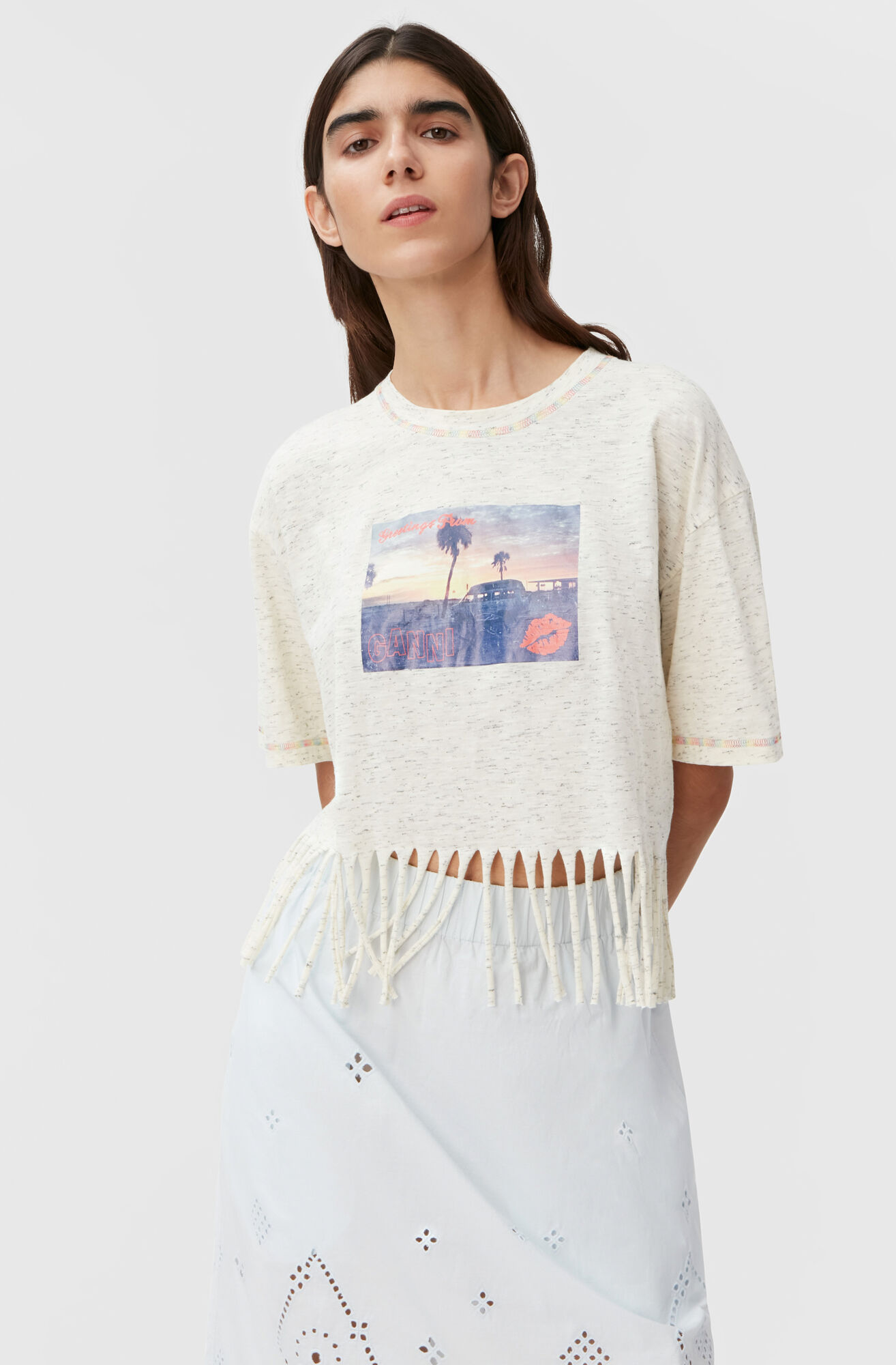 Ganni Melange Cotton Jersey Fringe T-Shirt in Egret S
