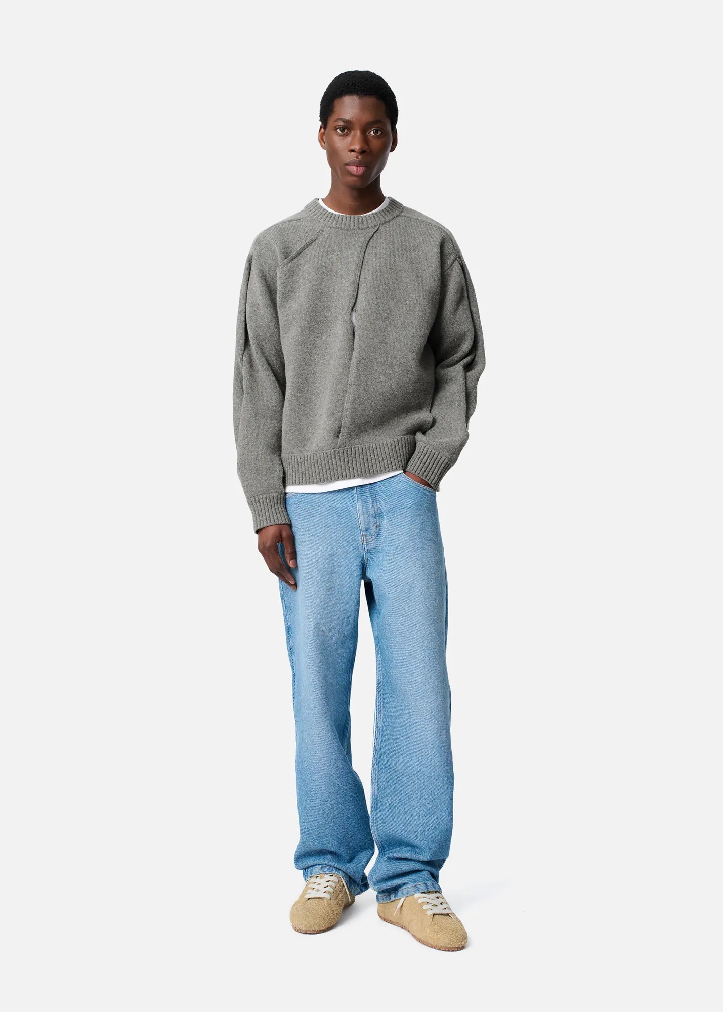 AXEL ARIGATO Stitch Panelled Knit Sweater in Grey Melange