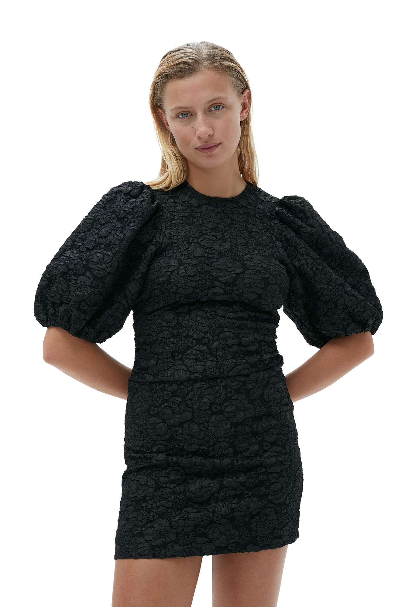 GANNI Stretch Jacquard Puff Sleeve Mini Dress in Black