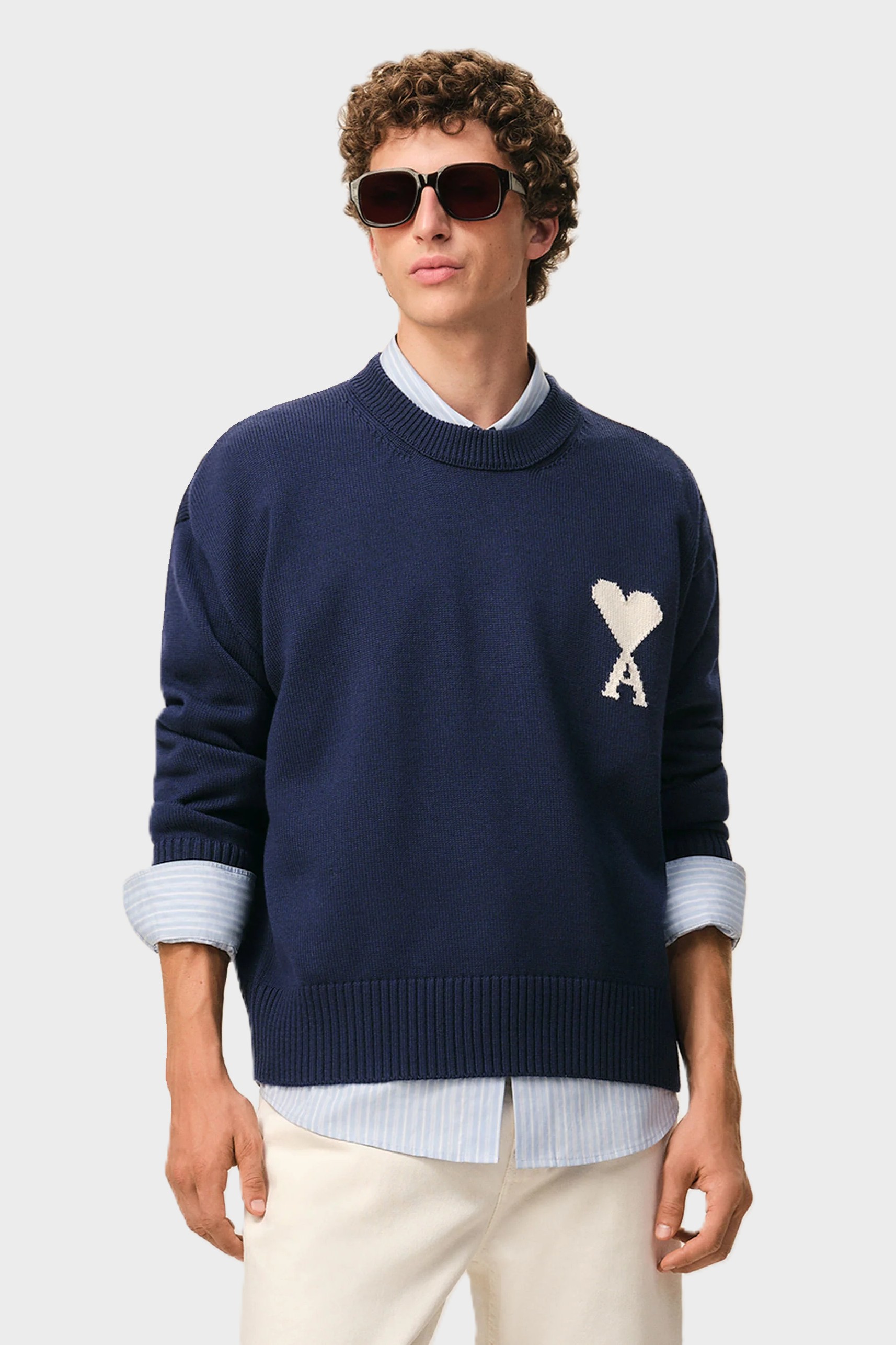 AMI PARIS de Coeur Wool/Cotton Knit Pullover in Navy