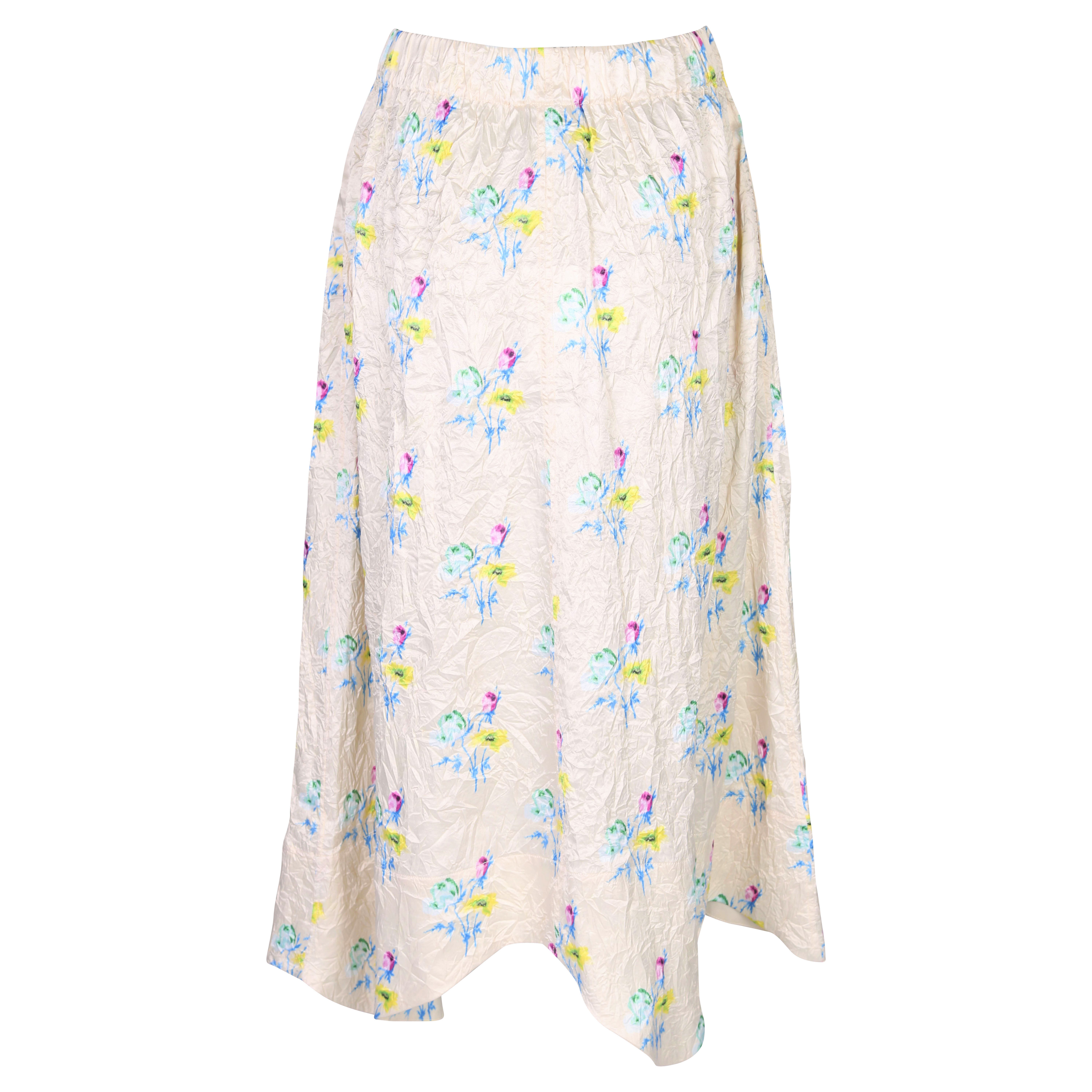 Ganni Crinkled Satin Wavy Hem Skirt in Floral Rutabaga 34