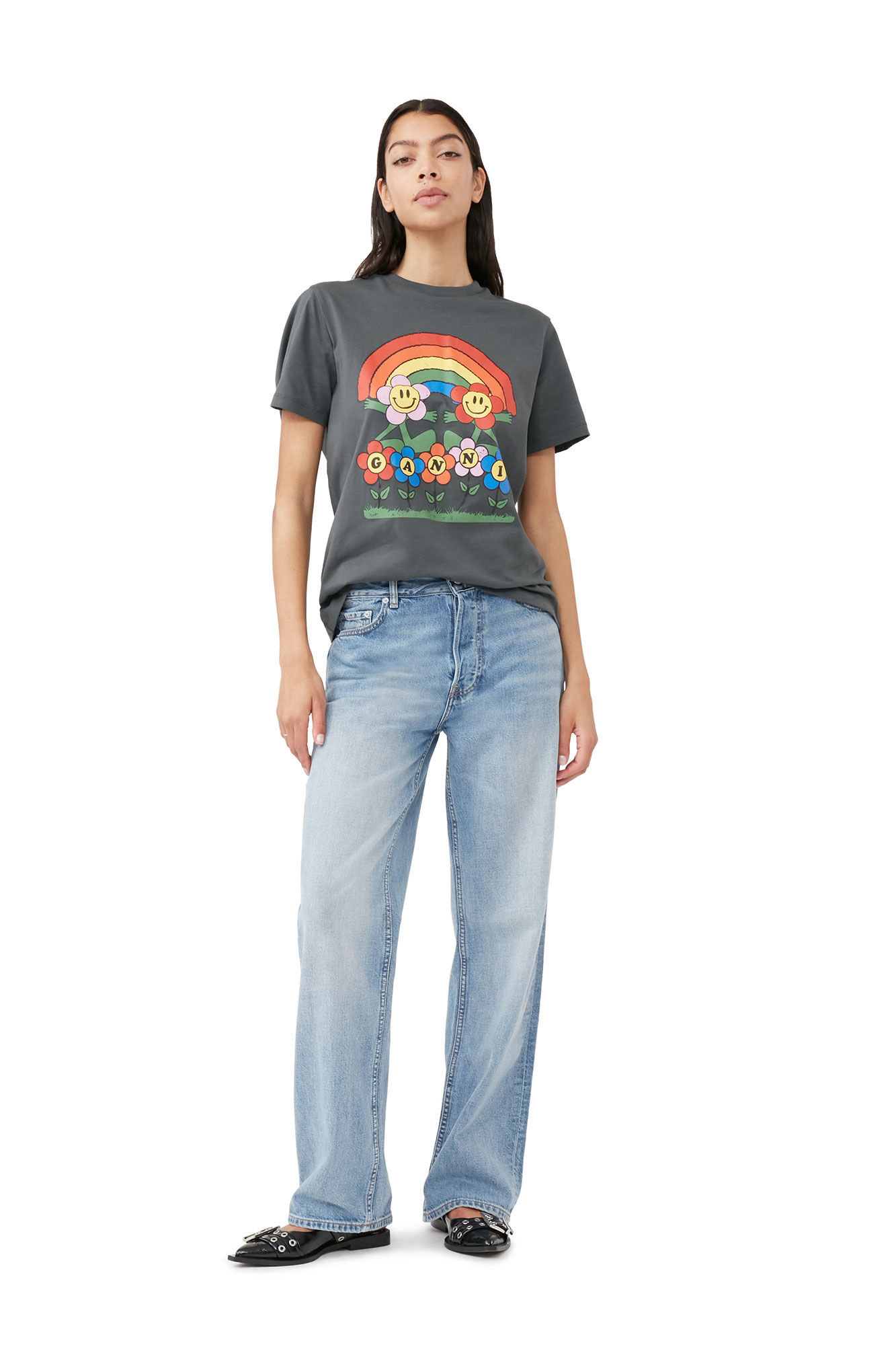 GANNI Jersey Rainbow Relaxed T-Shirt in Ash S