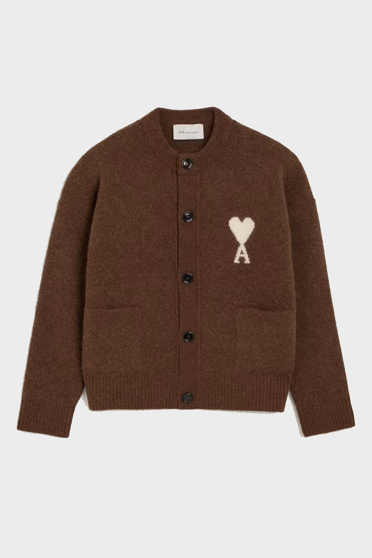 AMI PARIS de Coeur Crew Neck Knit Cardigan in Chocolate Brown / Off White XXL
