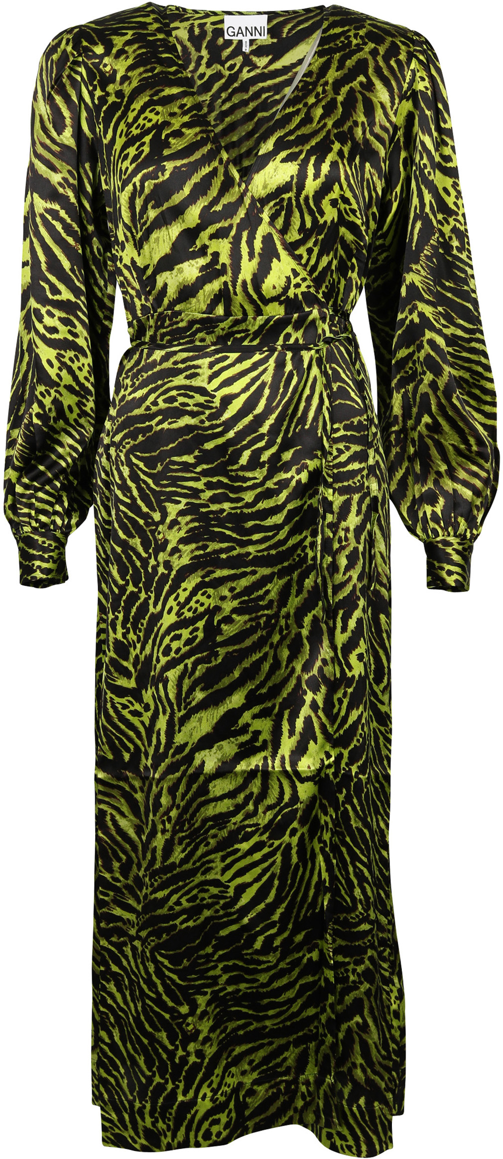 Ganni Wrap Dress Lime Tiger Print