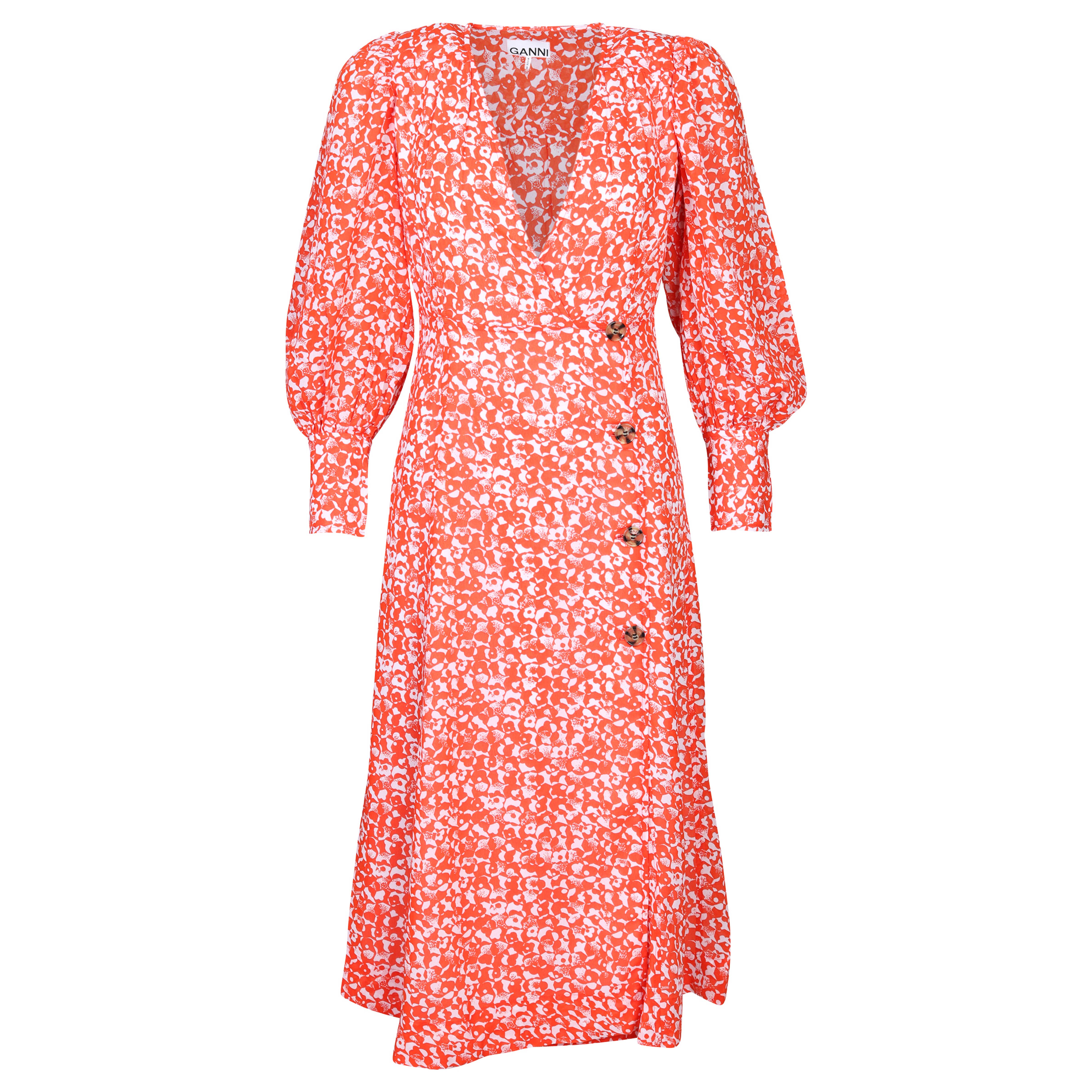 Ganni Printed Light Crepe Deep V-Neck Dress in Mini Floral Orangedot 34