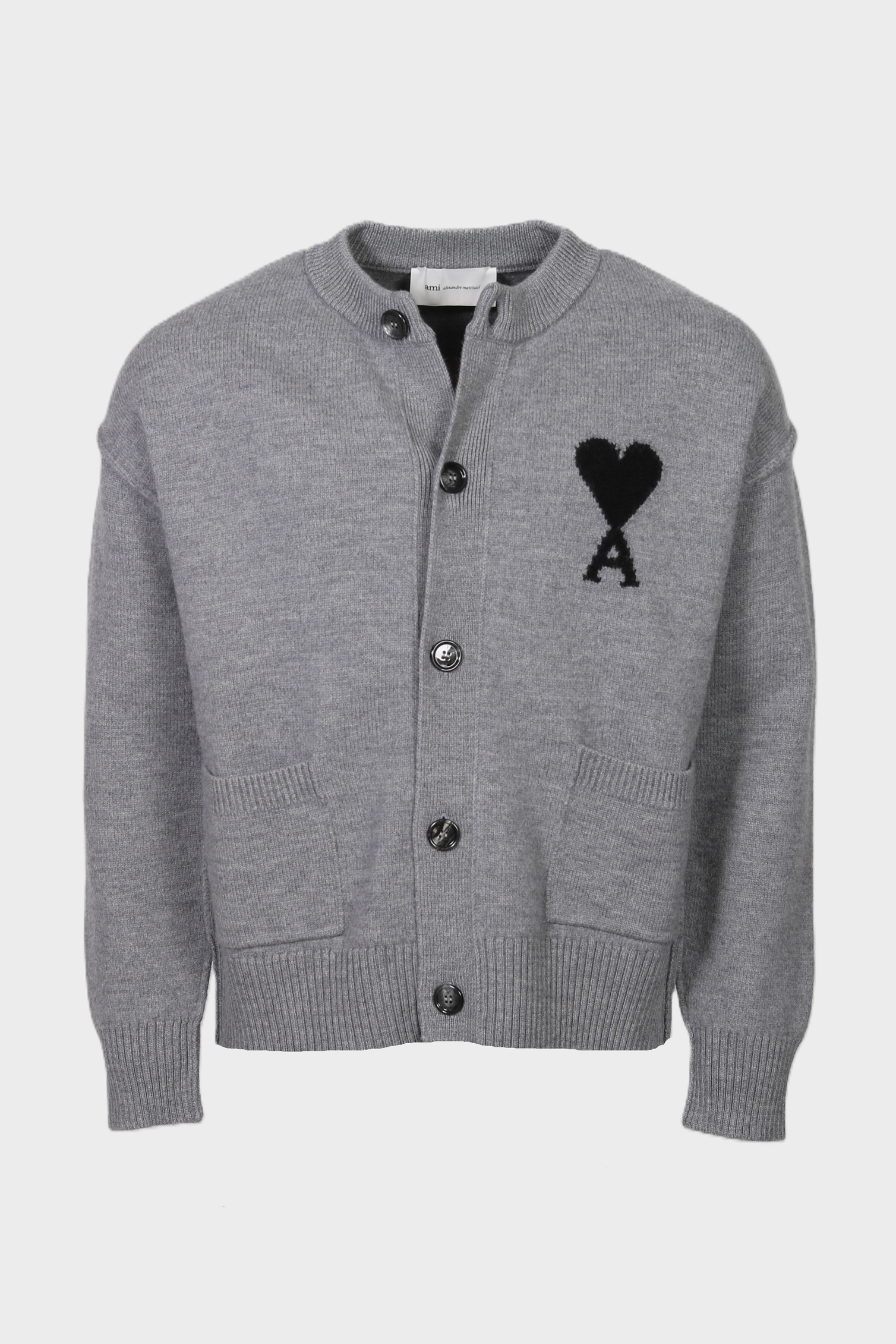 AMI PARIS de Coeur Heavy Knit Crewneck Cardigan in Heather Ash Grey / Black