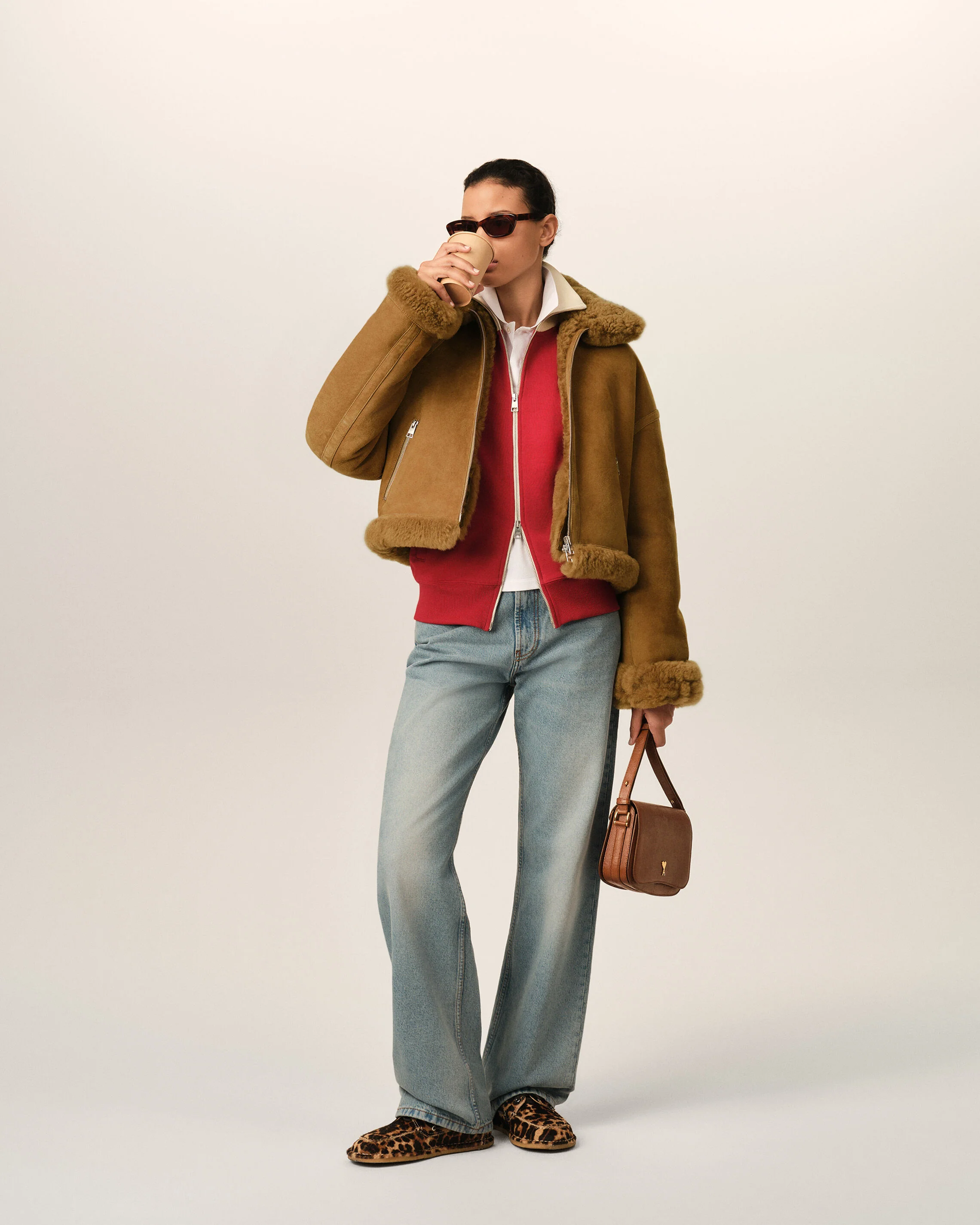 AMI PARIS Aviator Shearling Jacket in Mastic Beige