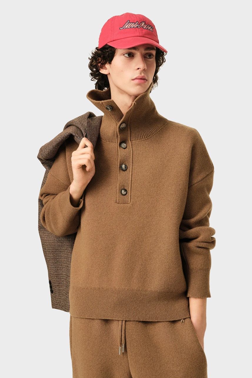 AMI PARIS High Buttoned Collar Heavy Knit Sweater in Camel
