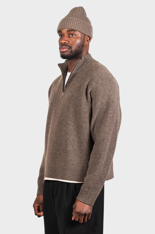 YACAIA Ribbed Wool/Cashmere Half Zip Sweater in Brown Melange