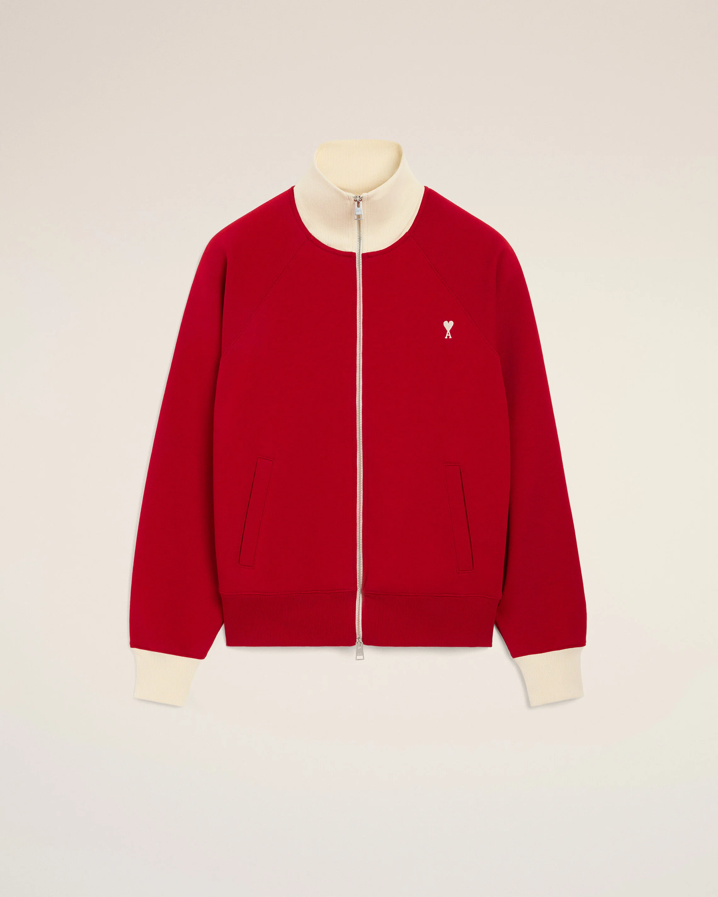 AMI PARIS de Coeur Bicolor Zip Sweater in Ruby Red / Ivory
