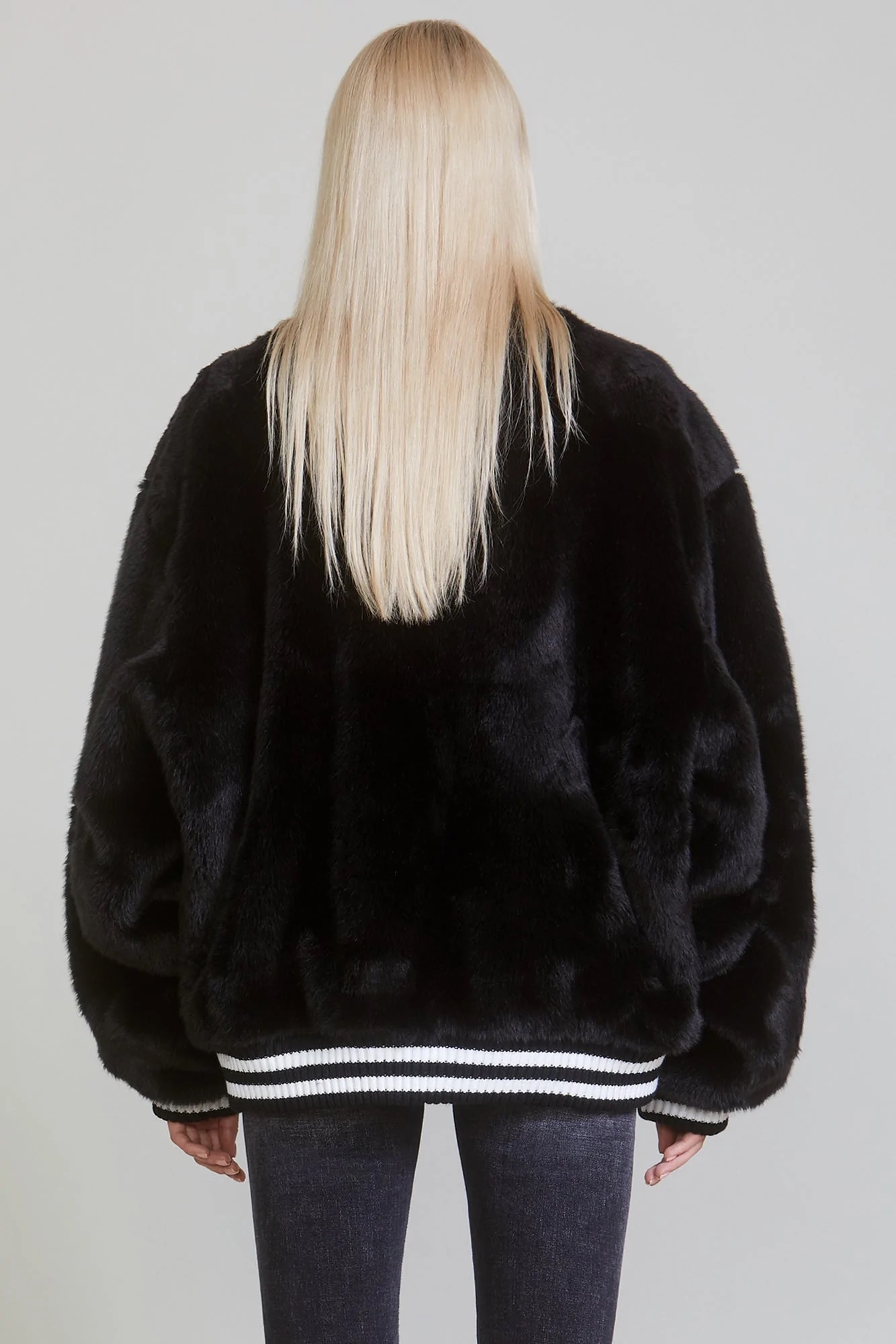 R13 Fake Fur College Bomber Jacket in Black/White