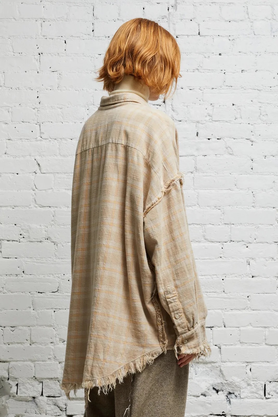 R13 Shredded Seam Shirt in Khaki Overdye Plaid