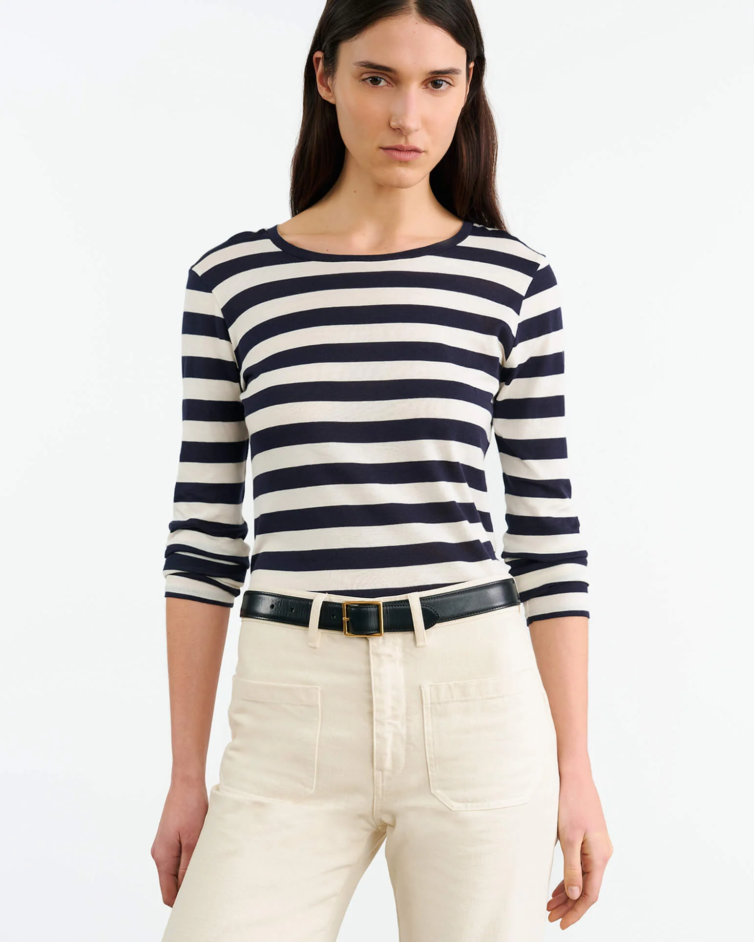 NILI LOTAN Long Sleeve Shirt in Navy/Ivory Stripe NILI LOTAN Long Sleeve Shirt in Navy/Ivory Stripe