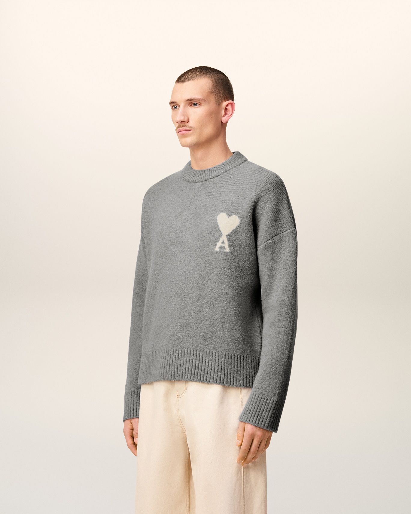 AMI PARIS de Coeur Knit Pullover in Grey/Off White