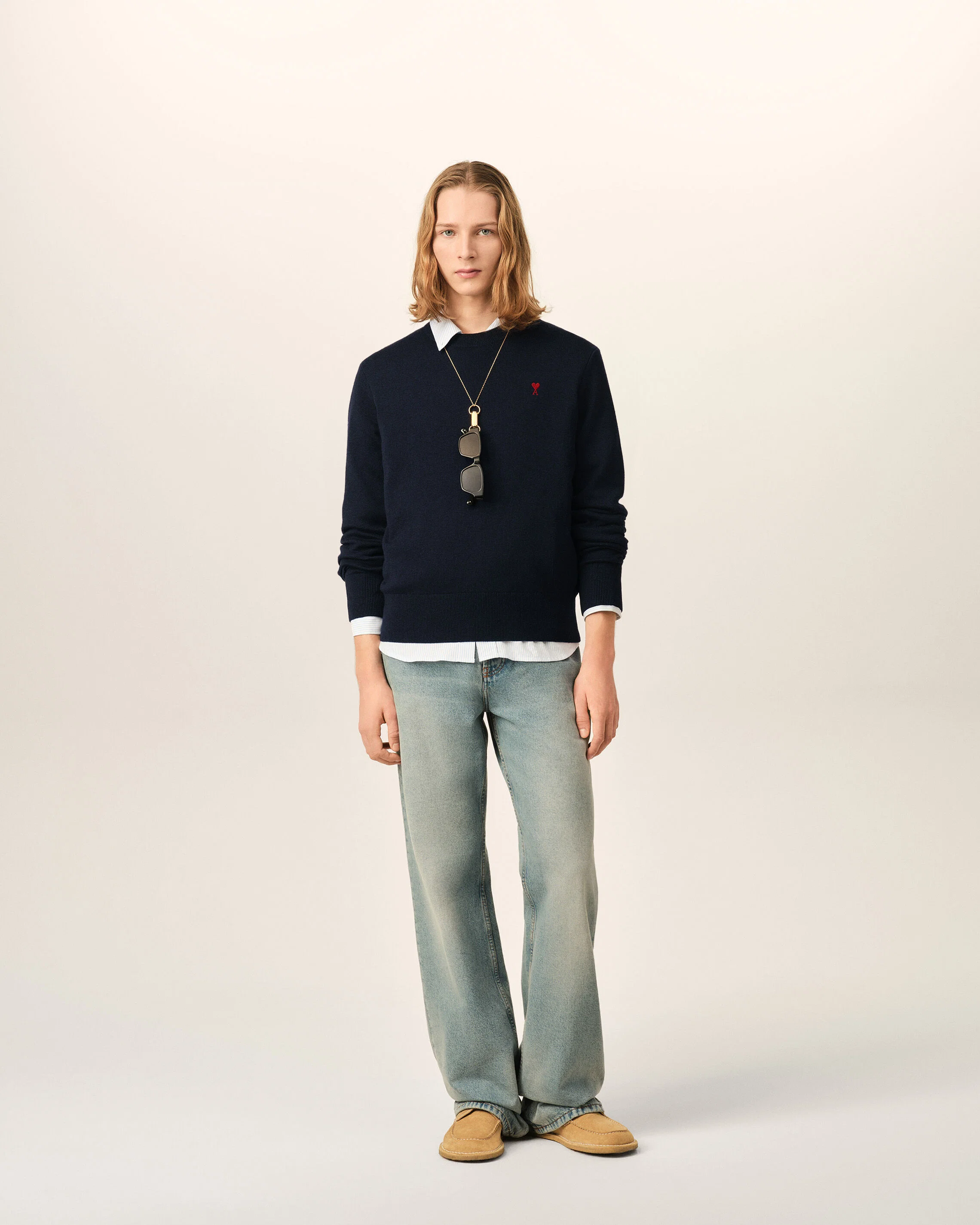 AMI PARIS de Coeur Merino Knit Pullover in Navy / Red Logo