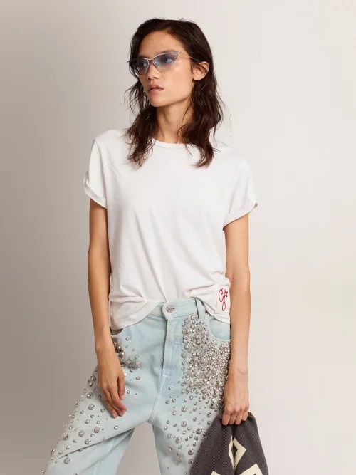 Golden Goose Slim T-Shirt Distressed in White L
