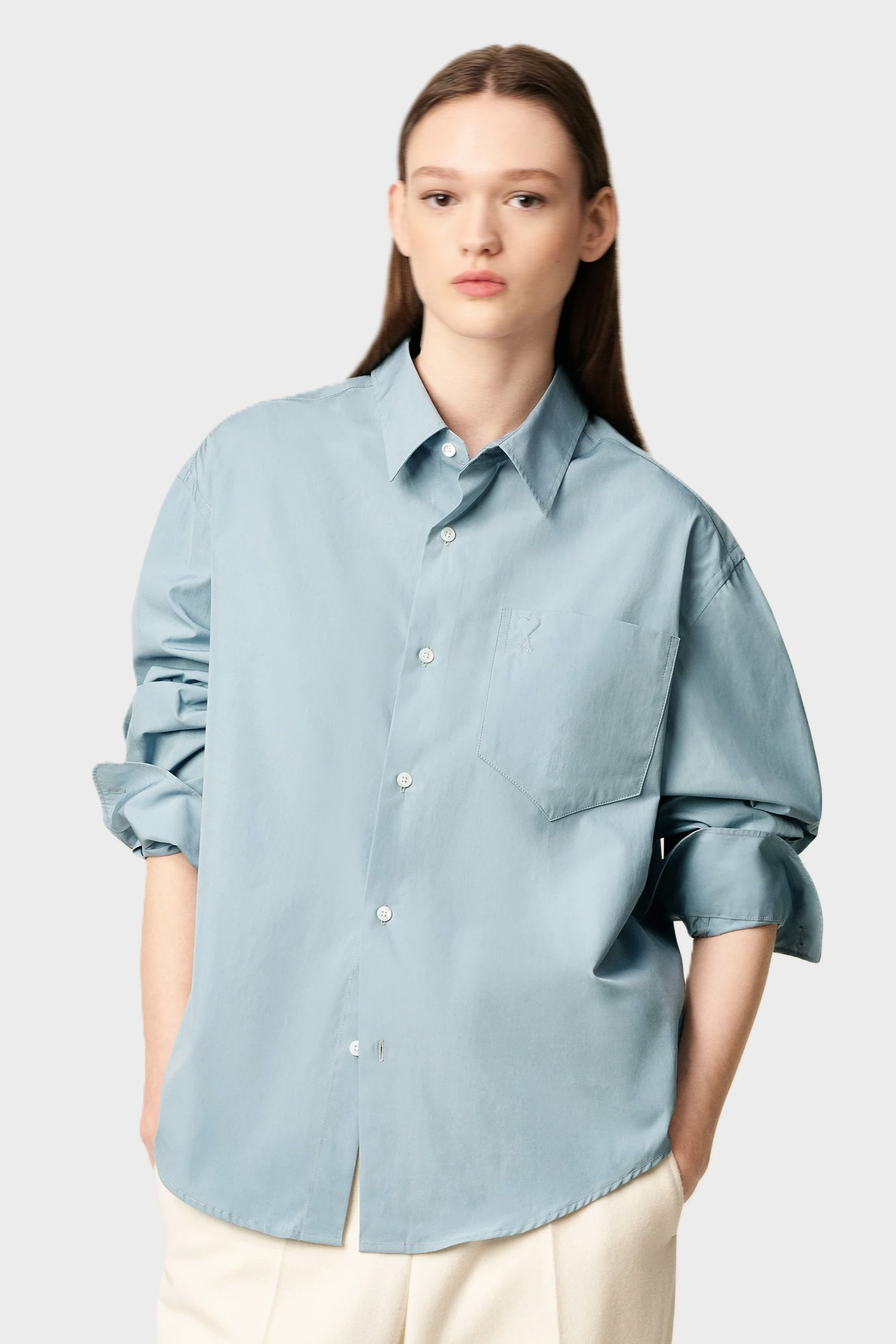 AMI PARIS de Coeur Embossed Boxy Shirt in Sky AMI PARIS de Coeur Embossed Boxy Shirt in Sky