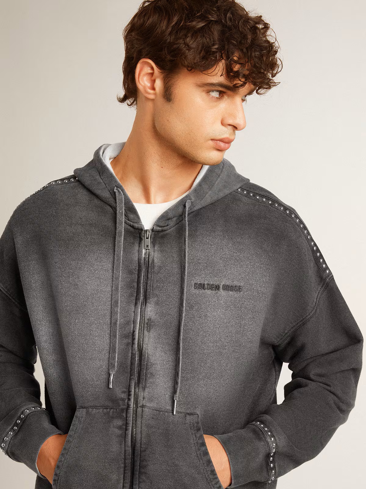 GOLDEN GOOSE Michael Zip Hoodie with Studs in Dark Grey L