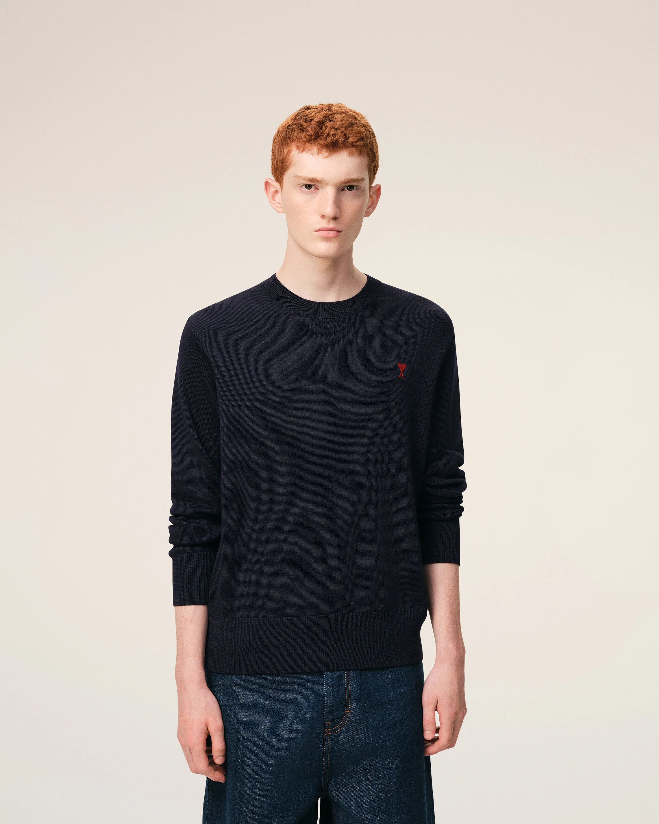 AMI PARIS de Coeur Merino Knit Pullover in Navy/Red Logo