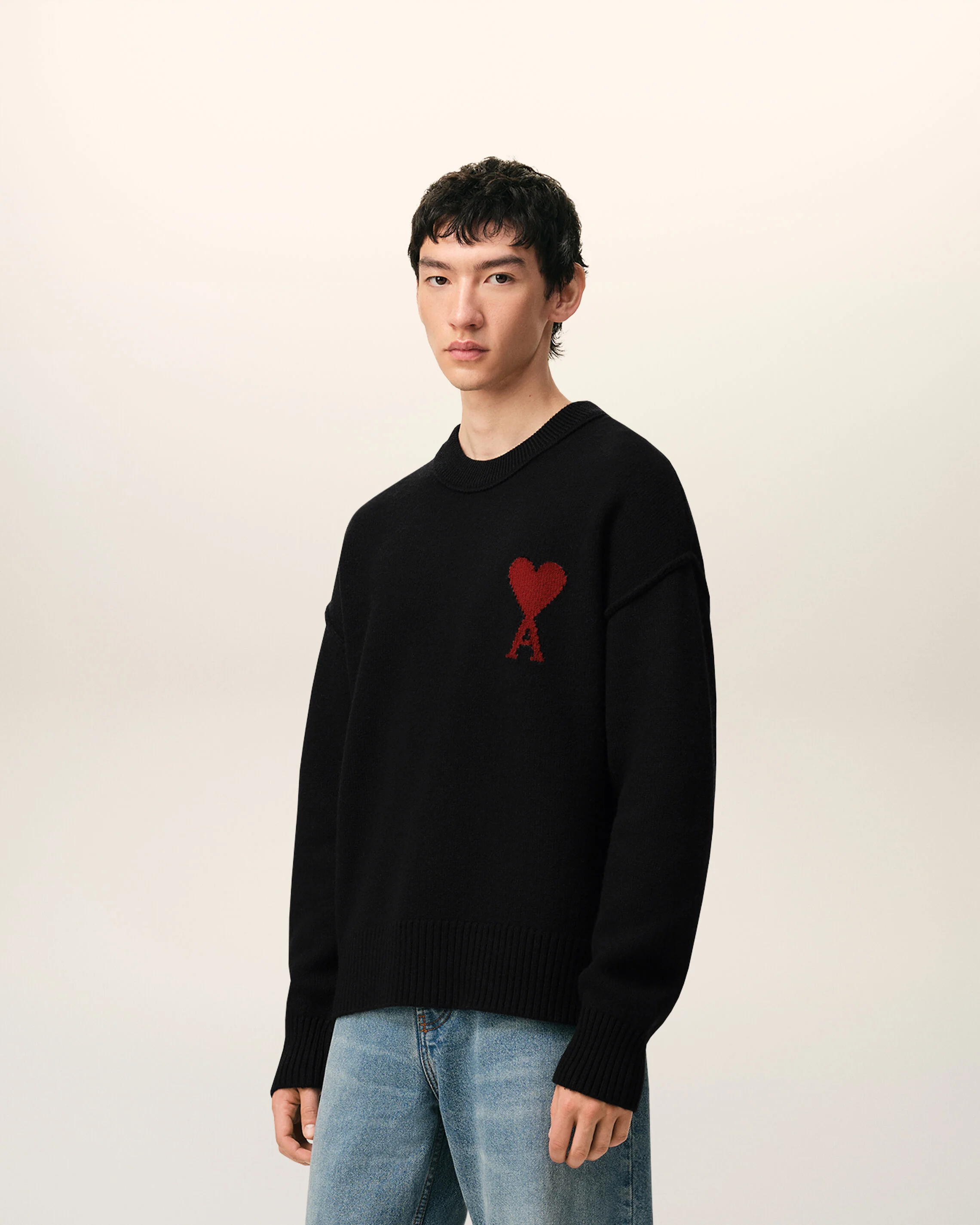AMI PARIS de Coeur Heavy Knit Sweater in Black / Red