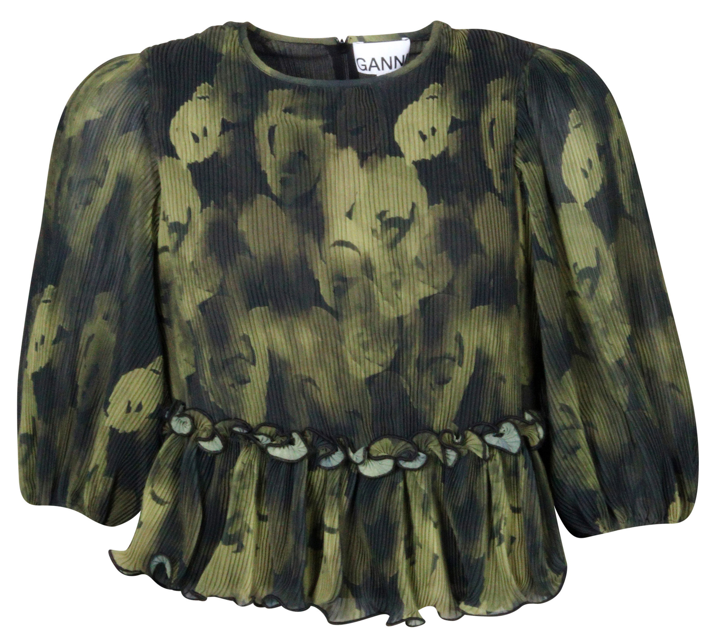 Ganni Recycled  Pleated Georgette Blouse Olive Printed