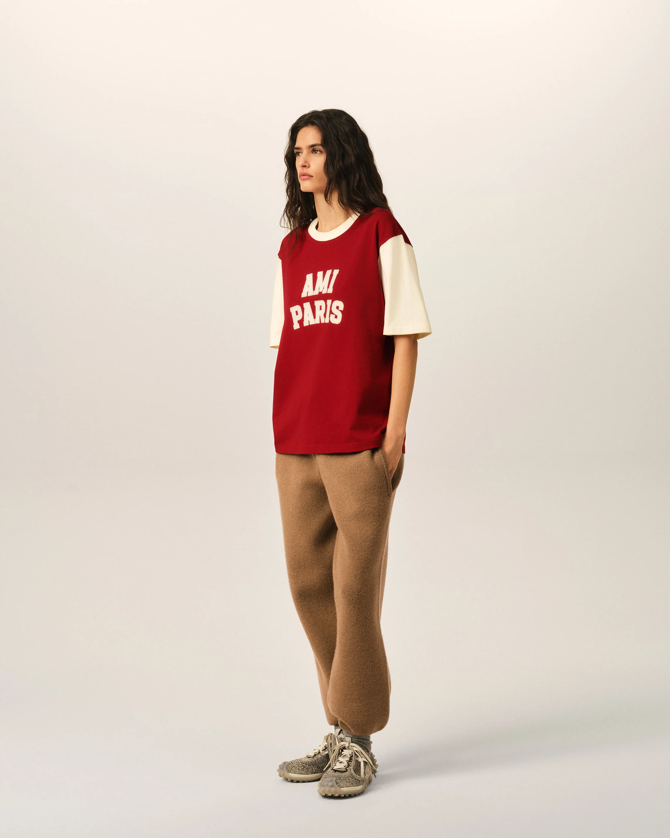 AMI PARIS Varsity T-Shirt in Ruby Red / Ivory