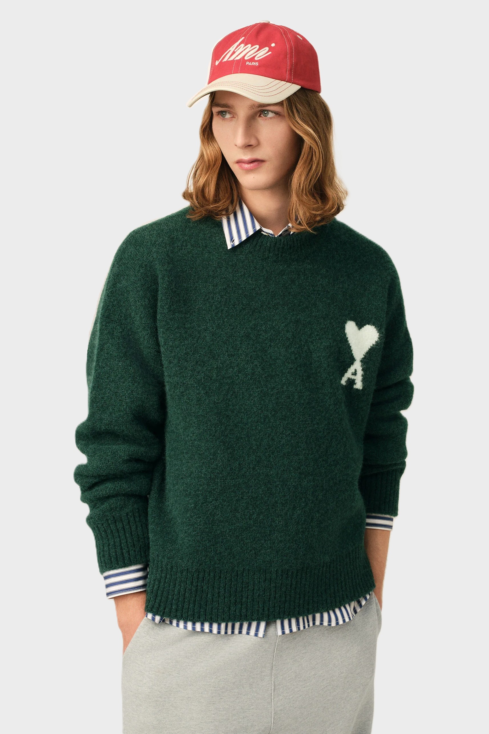 AMI PARIS de Coeur Heavy Knit Sweater in Bottle Green / Off White XXL