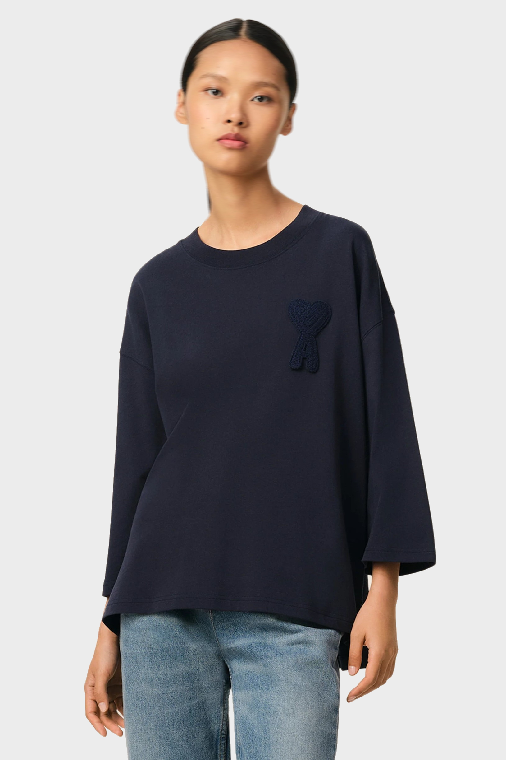 AMI PARIS de Coeur Boxy Fit Knitted Logo T-Shirt in Navy Blue