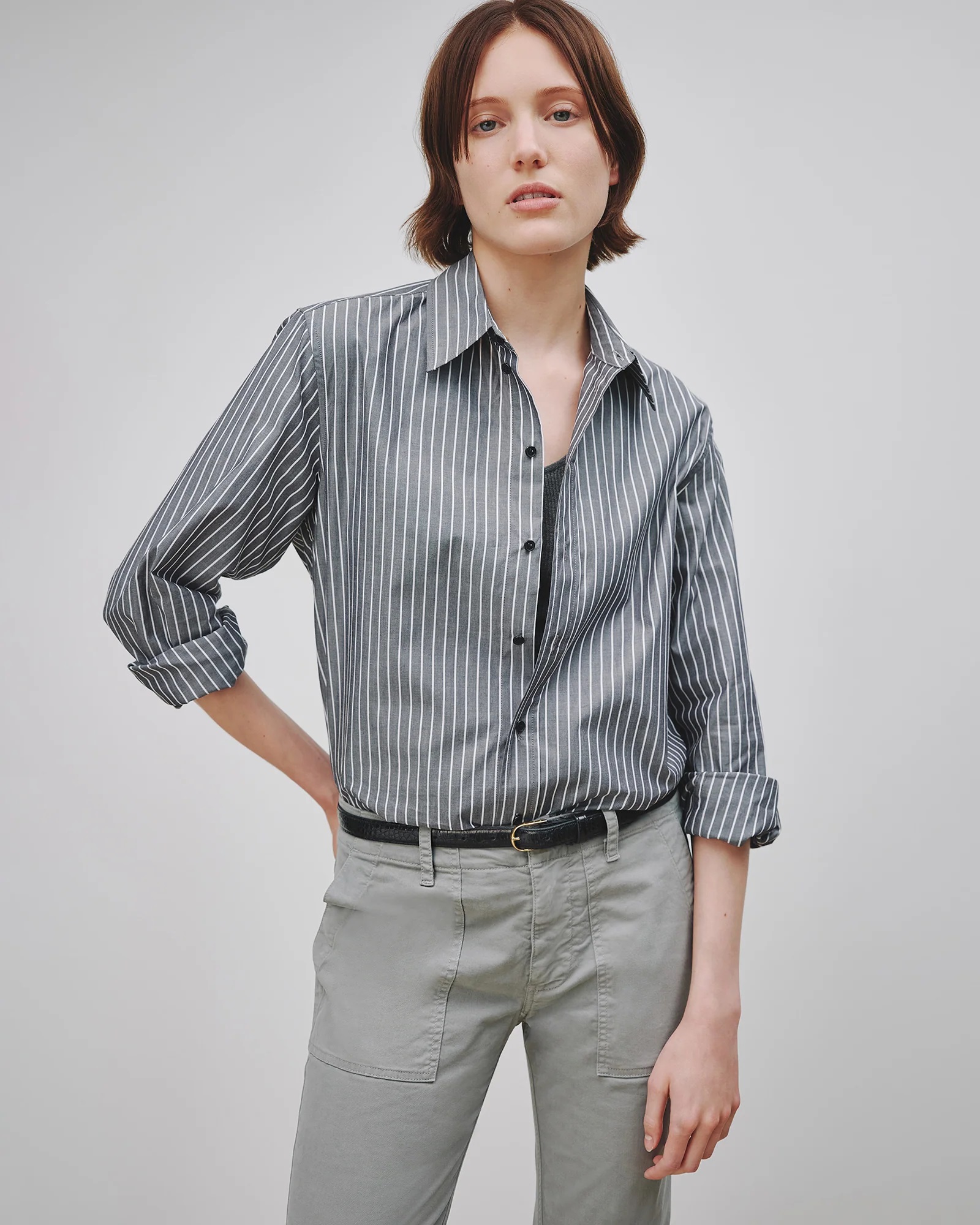 NILI LOTAN Raphael Classic Shirt in Black/White Stripe M