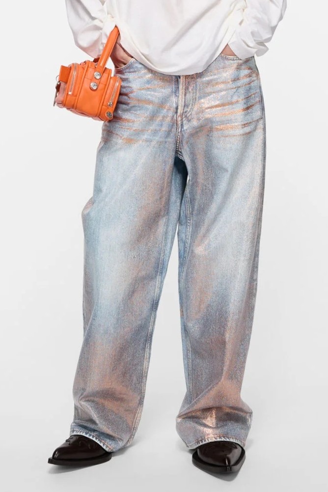 ACNE STUDIOS 1981 Baggy Fit Glitter Dawn Pant in Rose Copper/Light Blue