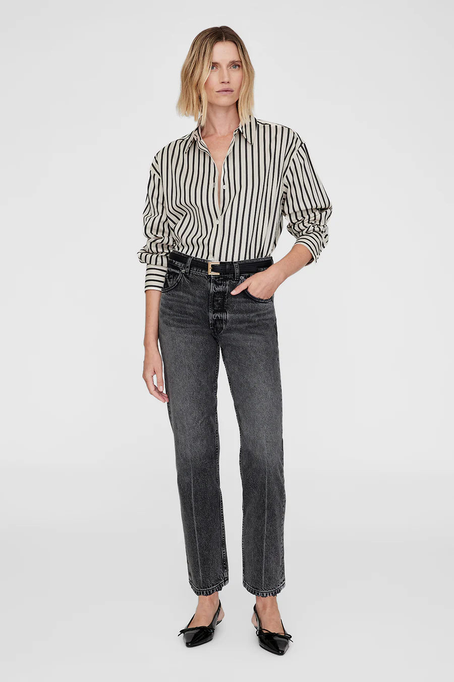 ANINE BING Plaza Shirt in Blach & Tan Stripes ANINE BING Plaza Shirt in Blach & Tan Stripes