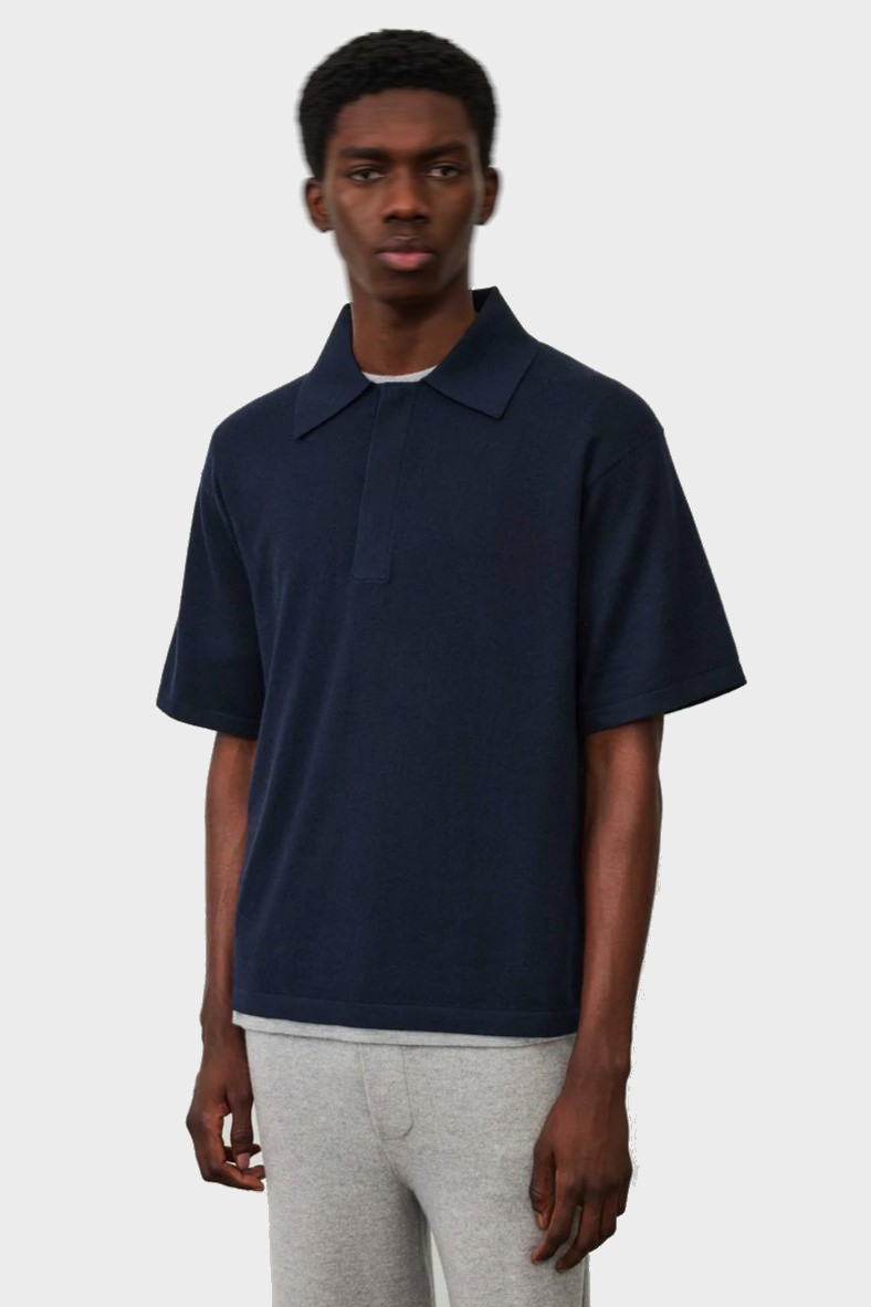 LISA YANG Carl Cotton Cashmere Polo Shirt in Ink Blue
