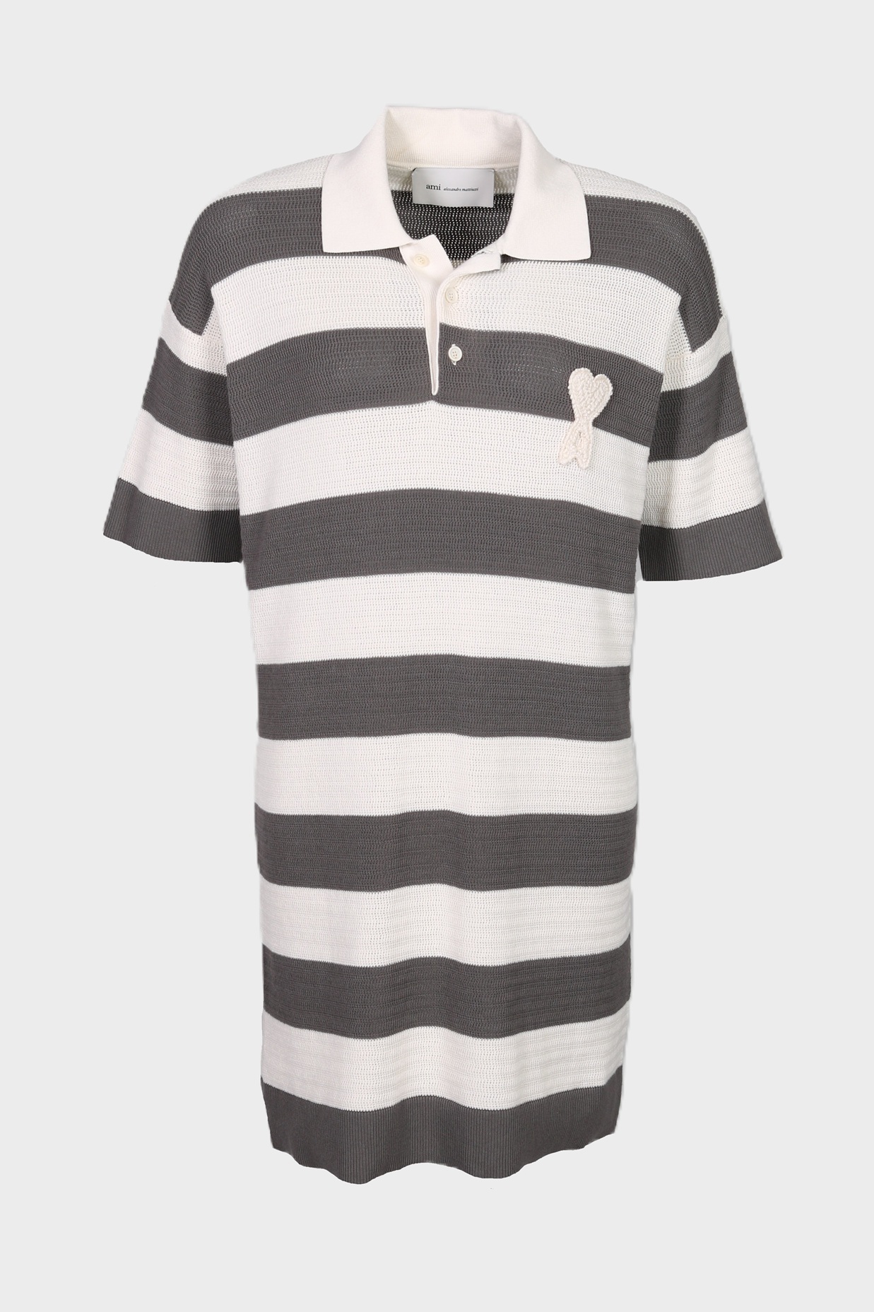 AMI PARIS de Coeur Ajouré Knit Polo Dress in White Cream/Carbon