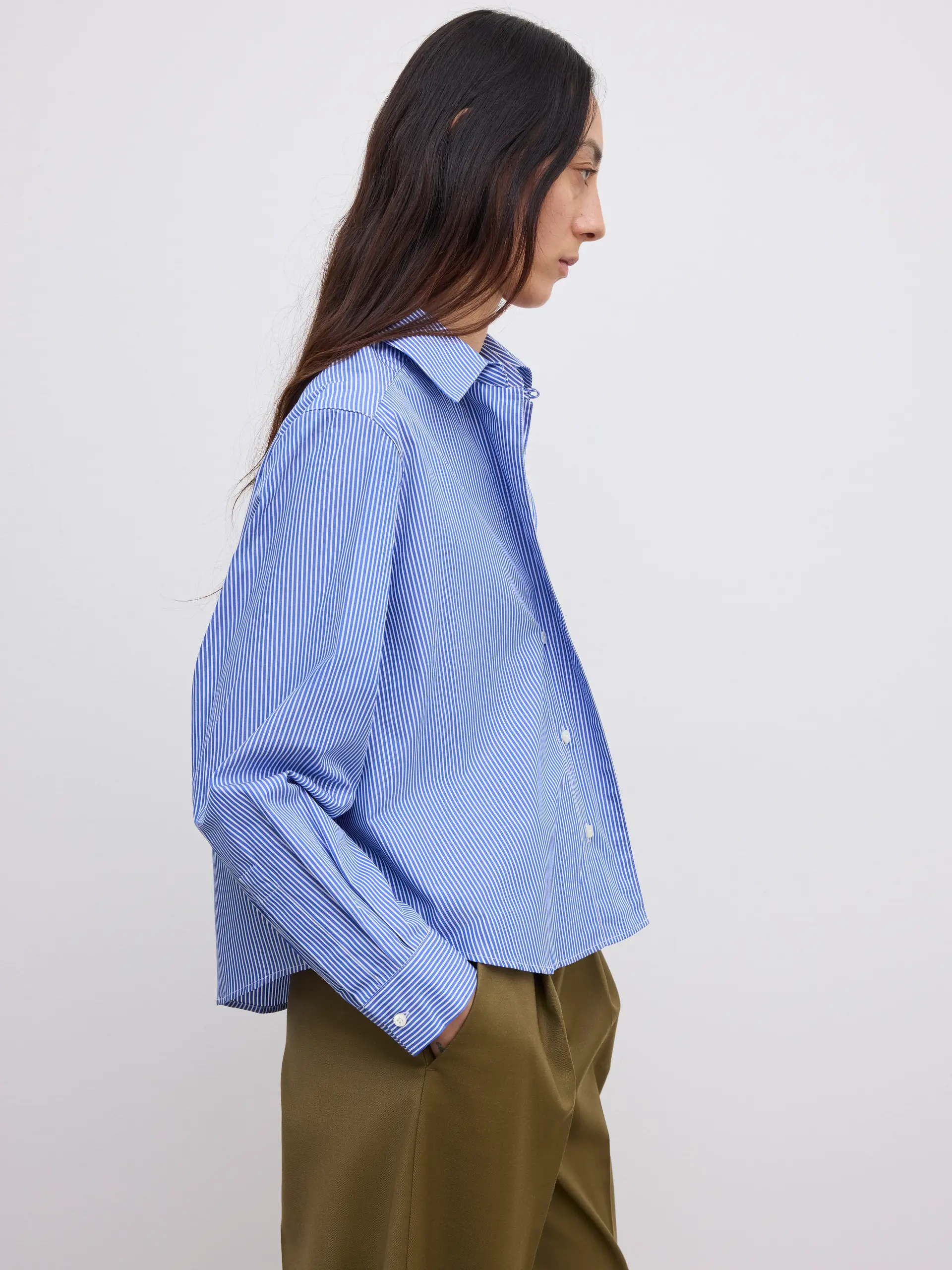 DAGMAR Asymmetric Cropped Shirt in Blue Stripe