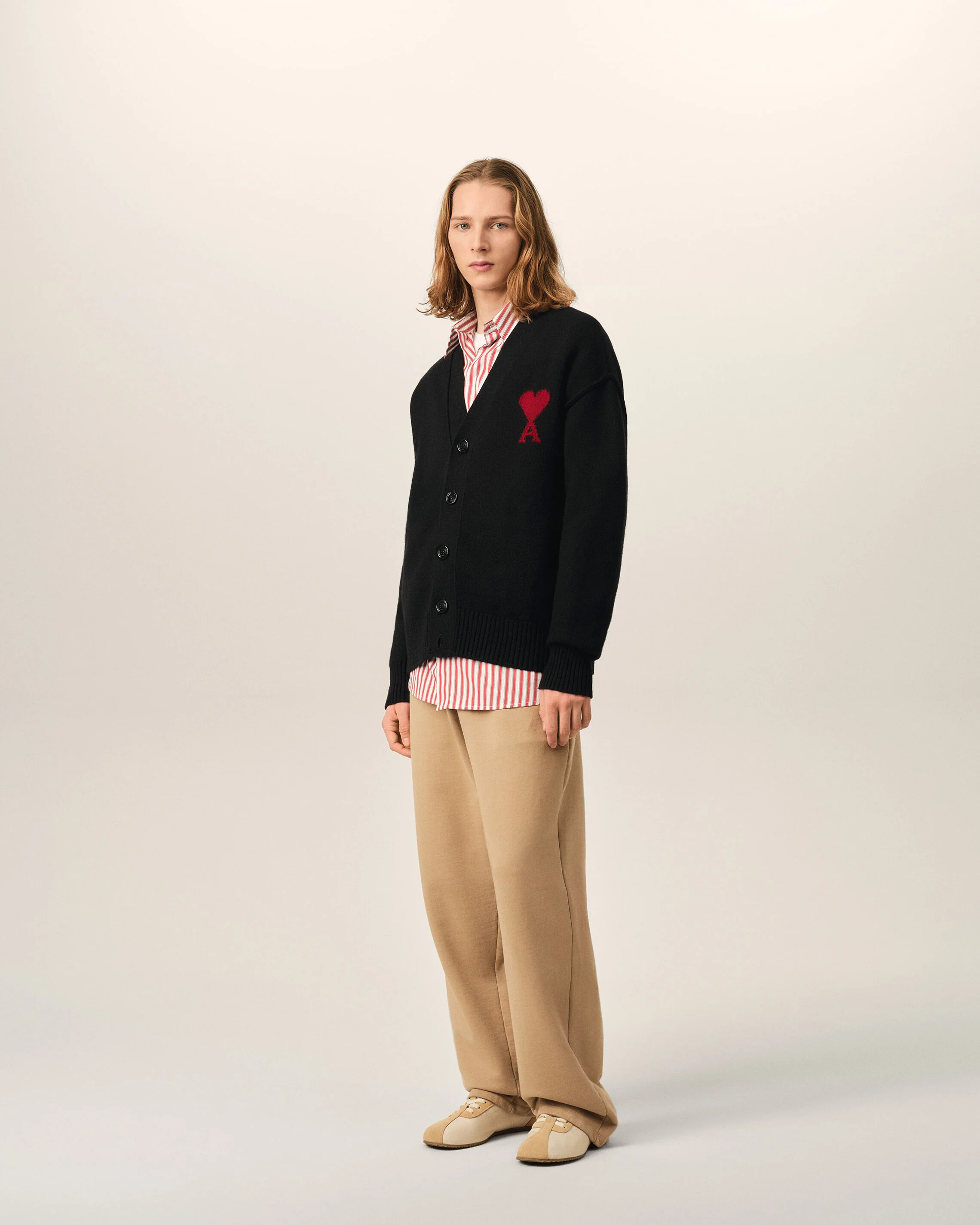 AMI PARIS de Coeur Heavy Knit Cardigan in Black / Red