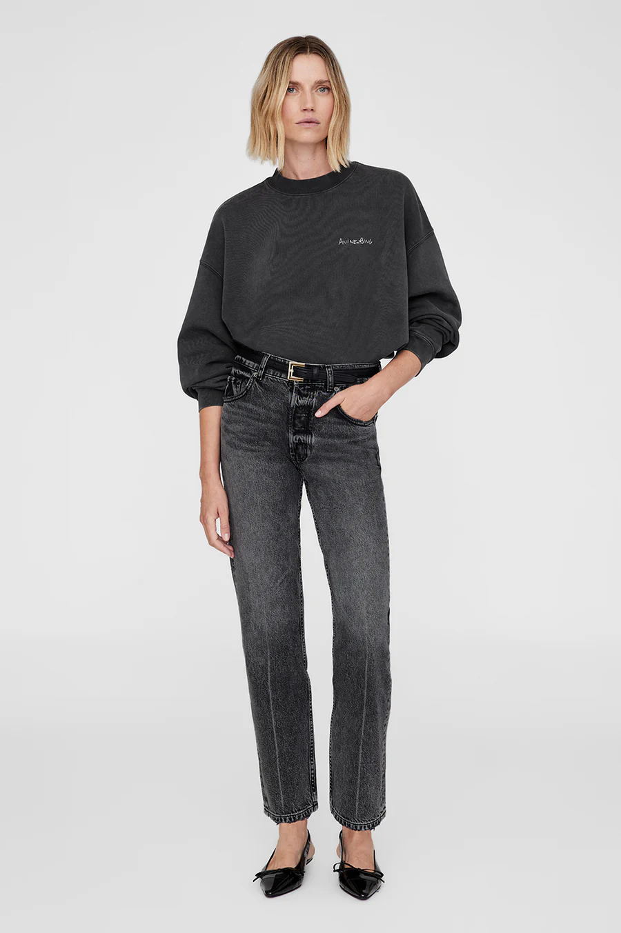 ANINE BING Jaci Sweatshirt Lyrics in Washed Black ANINE BING Jaci Sweatshirt Lyrics in Washed Black