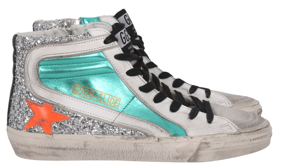 Golden Goose Sneaker Slide Laminated and Glitter Upper Leather Star and Wave