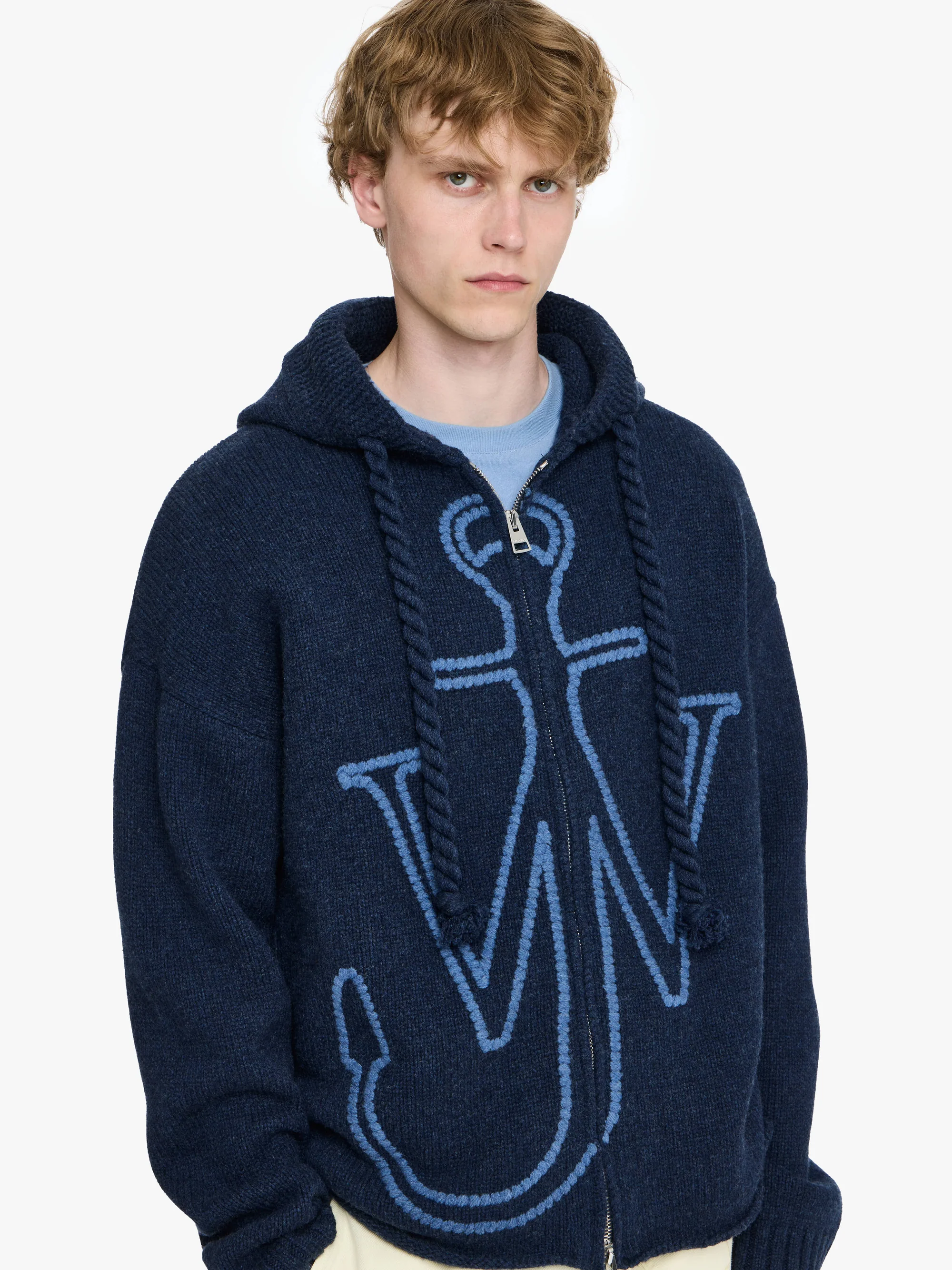 JW ANDERSON Anchor Embroidery Knit Zip Hoodie in Navy
